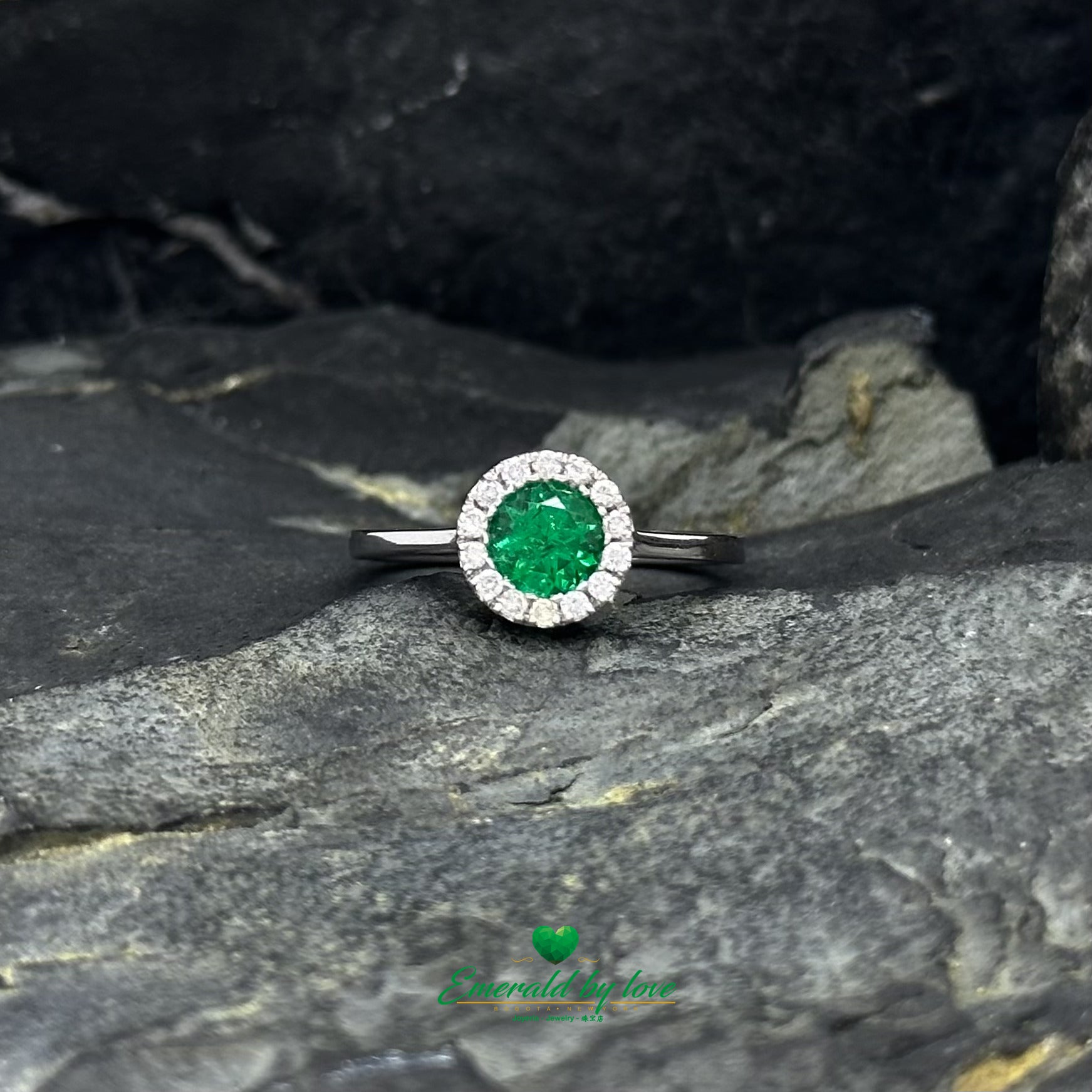 White Gold Cluster Ring with Certified Colombian Emerald and Diamond Halo