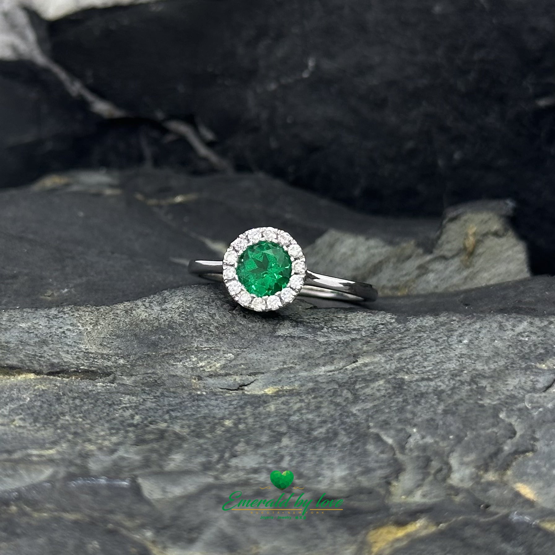 White Gold Ring, Earrings, and Pendant Set with High-Quality Round Emeralds and Diamond Accents