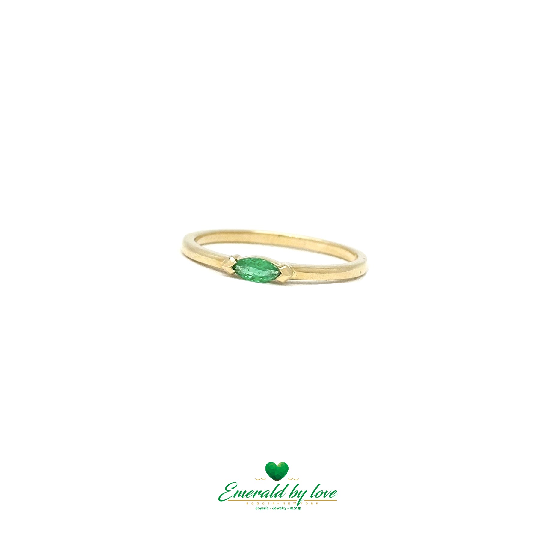 Simple Yellow Gold Ring with Certified Marquise-Cut Colombian Emerald