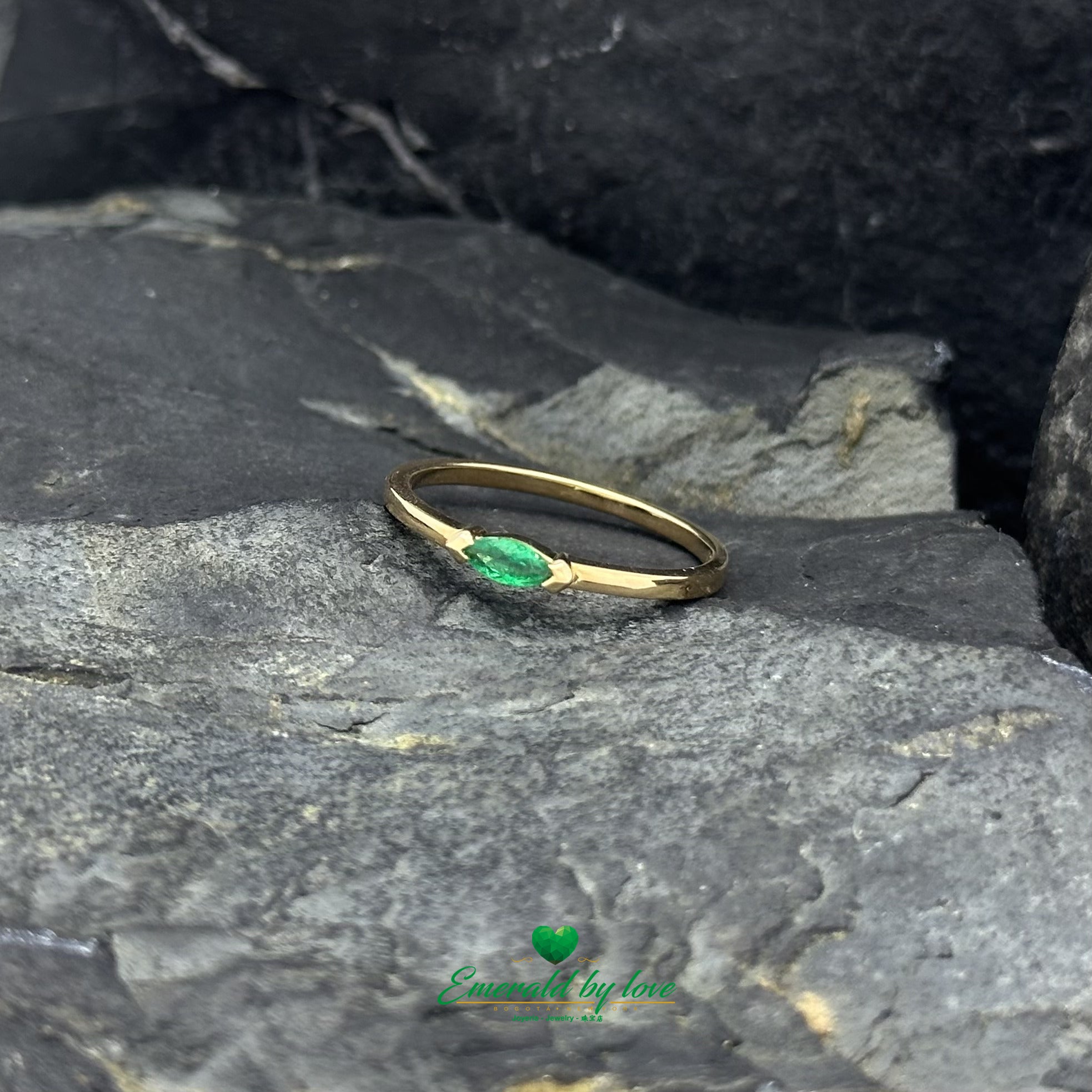 Simple Yellow Gold Ring with Certified Marquise-Cut Colombian Emerald