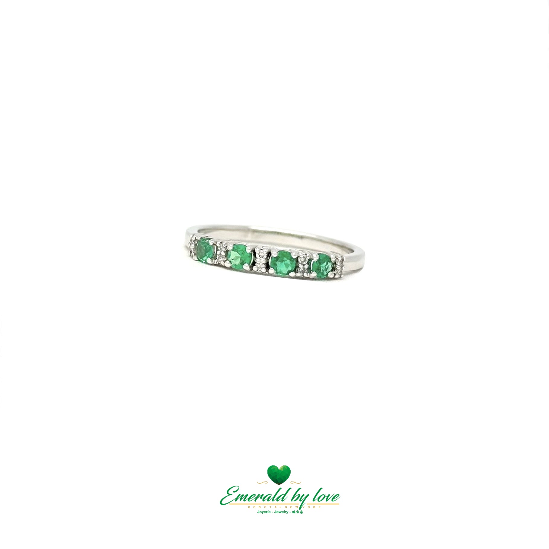 White Gold Band with High-Quality Round Emeralds Interspersed with Diamonds