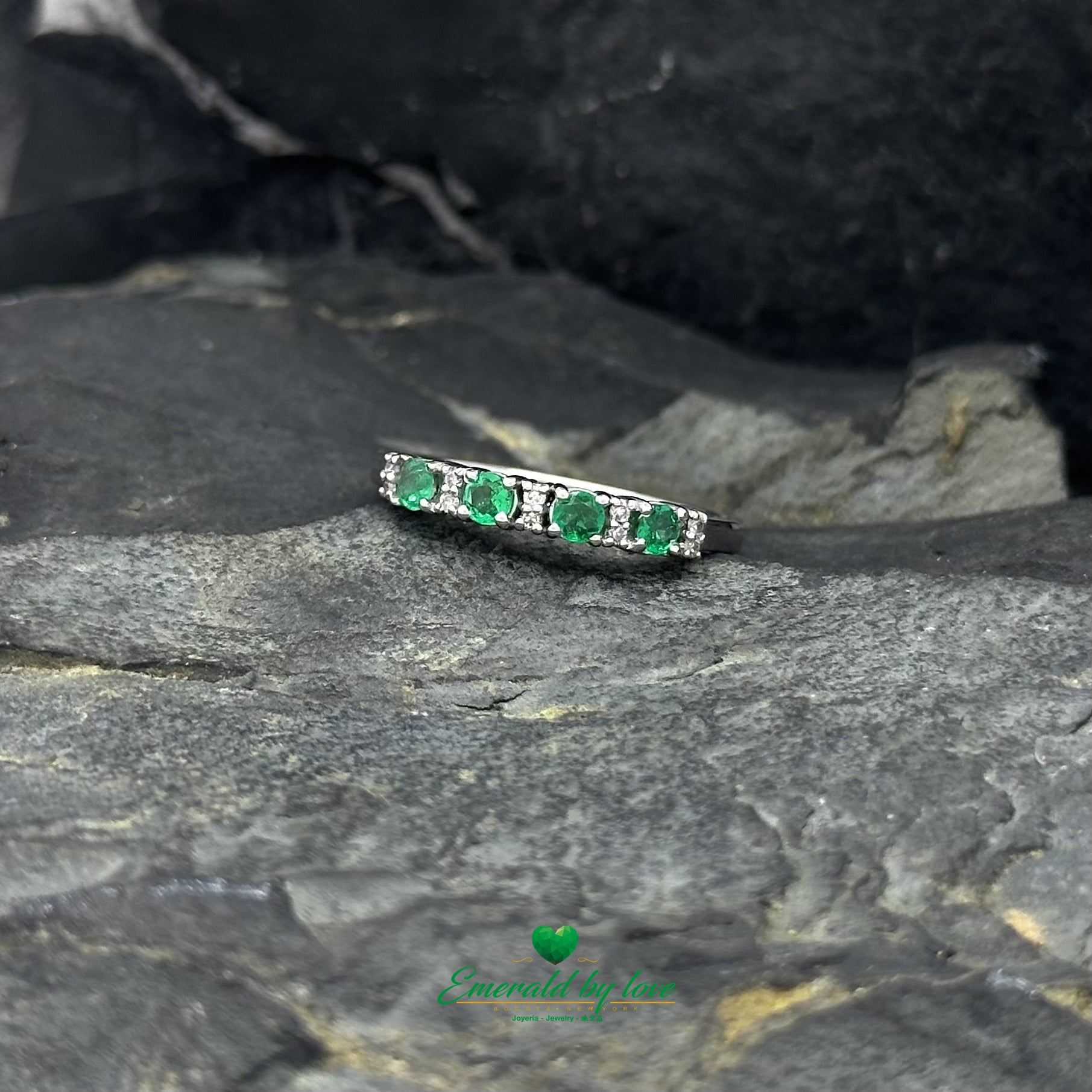 White Gold Band with High-Quality Round Emeralds Interspersed with Diamonds