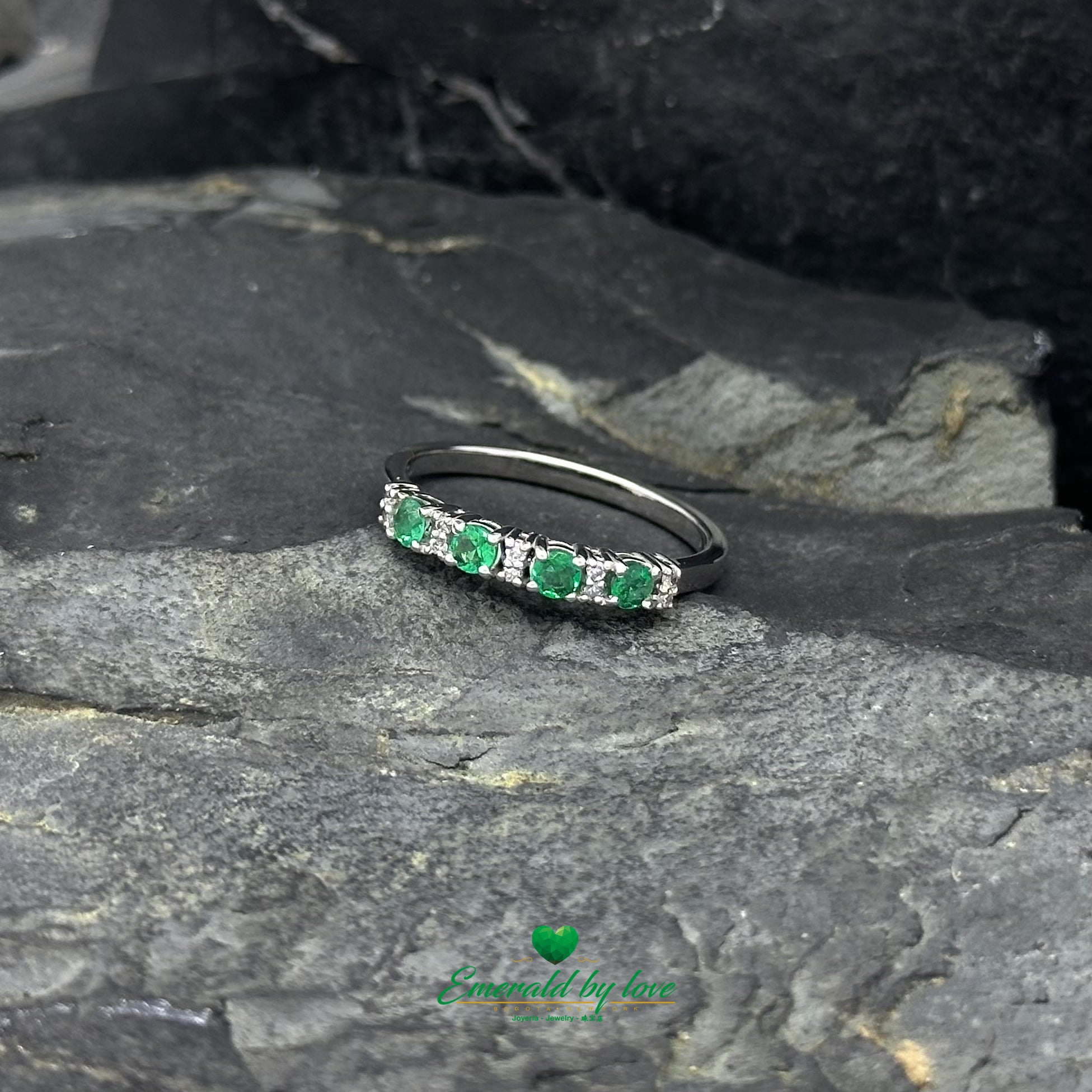 White Gold Band with High-Quality Round Emeralds Interspersed with Diamonds