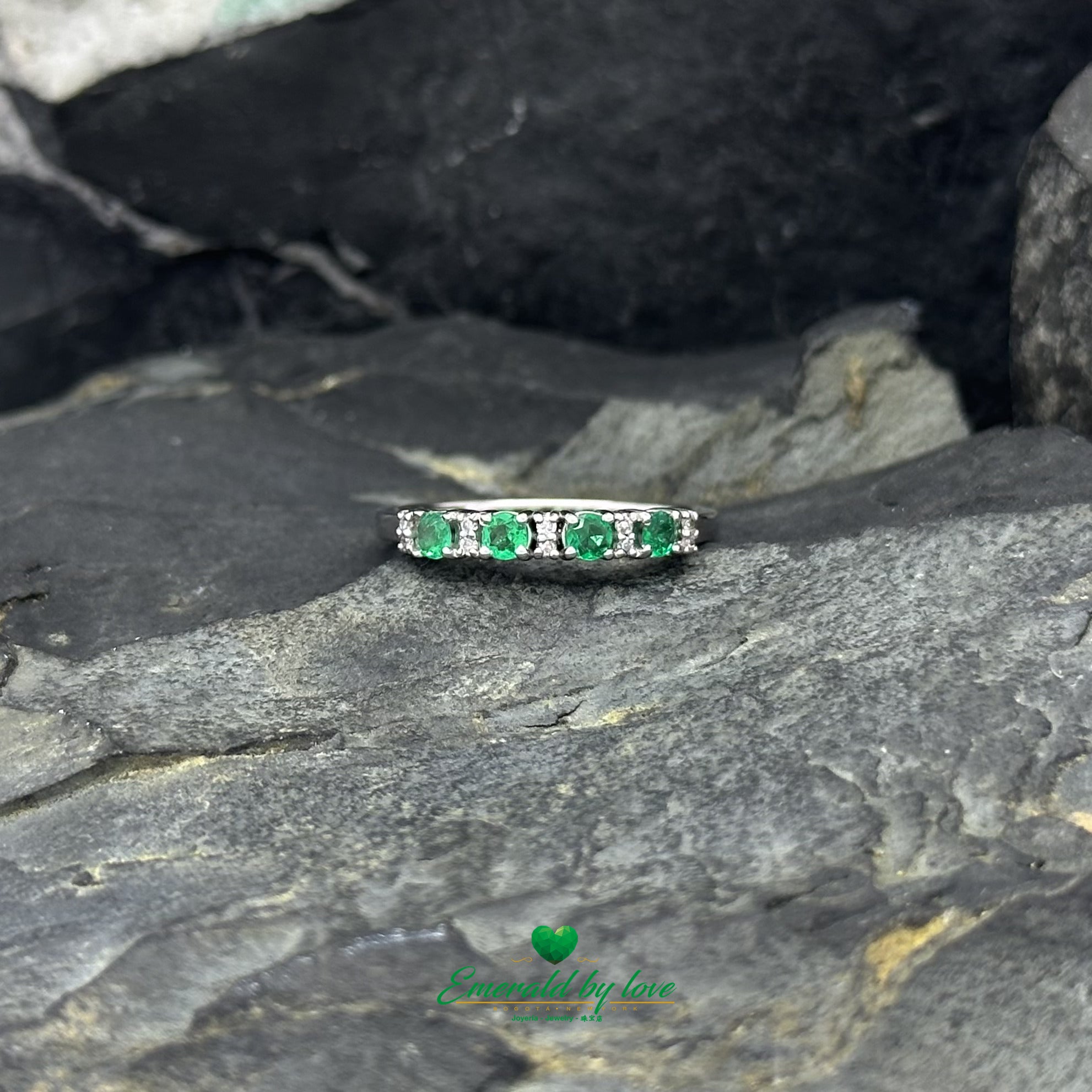 White Gold Band with High-Quality Round Emeralds Interspersed with Diamonds