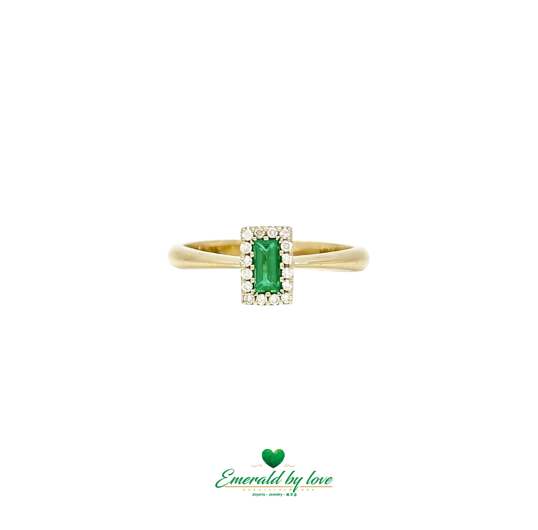 Yellow Gold Cluster Ring with Baguette Emerald Surrounded by Diamonds