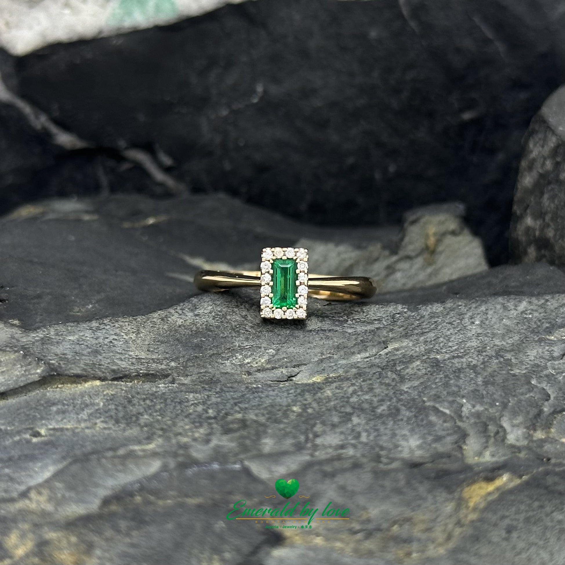 Yellow Gold Cluster Ring with Baguette Emerald Surrounded by Diamonds