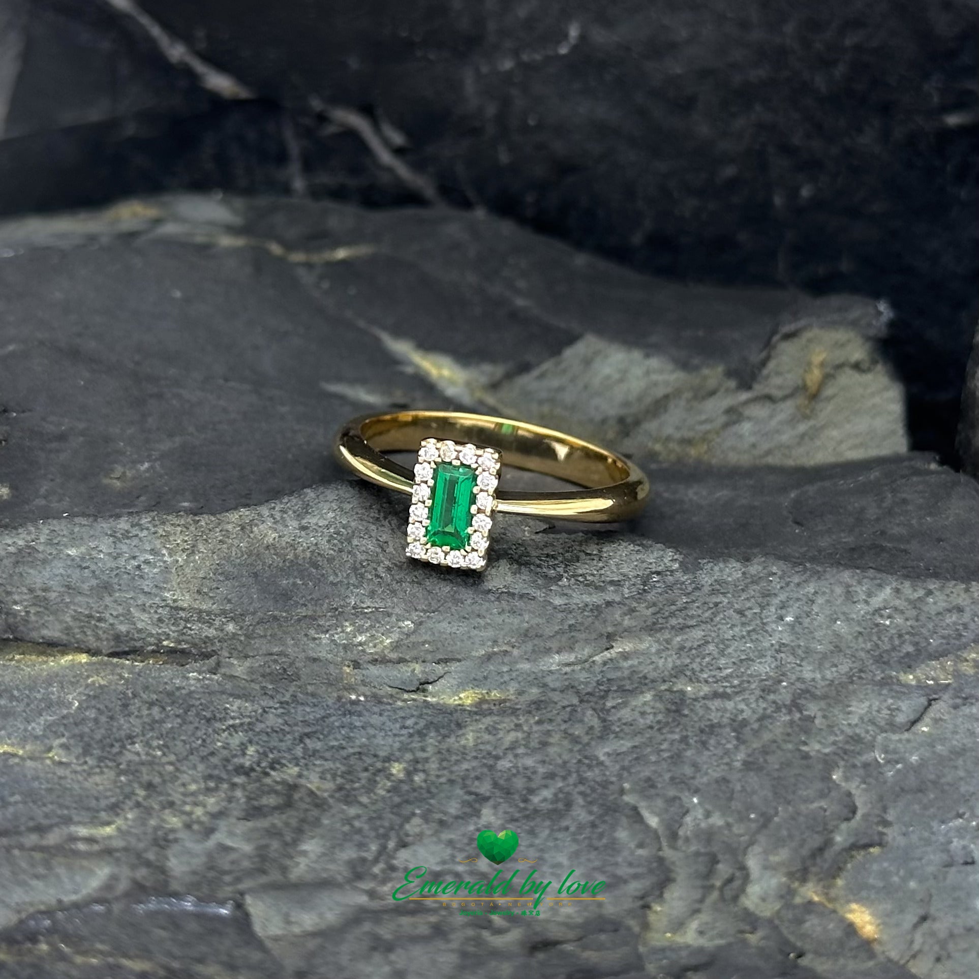 Yellow Gold Cluster Ring with Baguette Emerald Surrounded by Diamonds