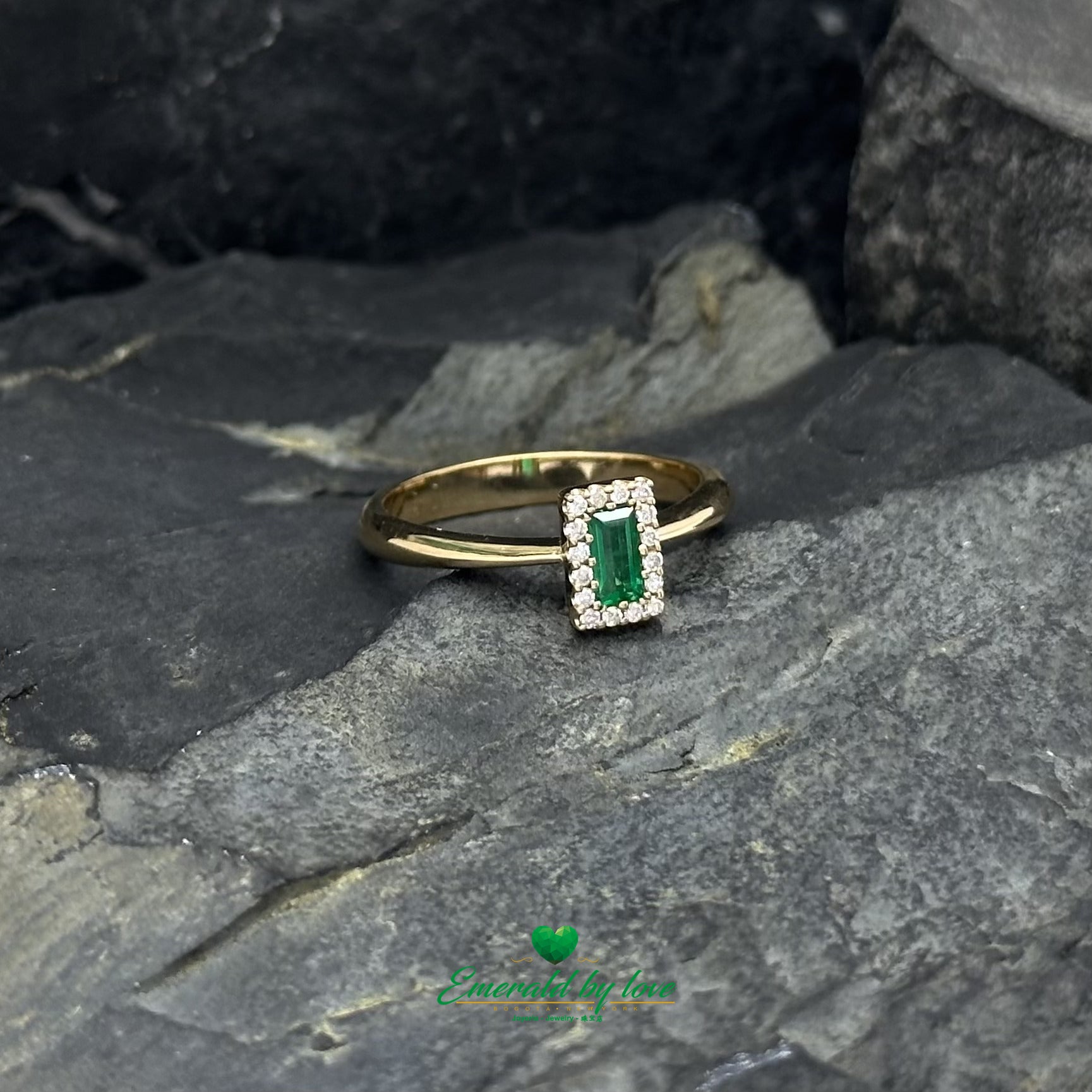 Yellow Gold Cluster Ring with Baguette Emerald Surrounded by Diamonds