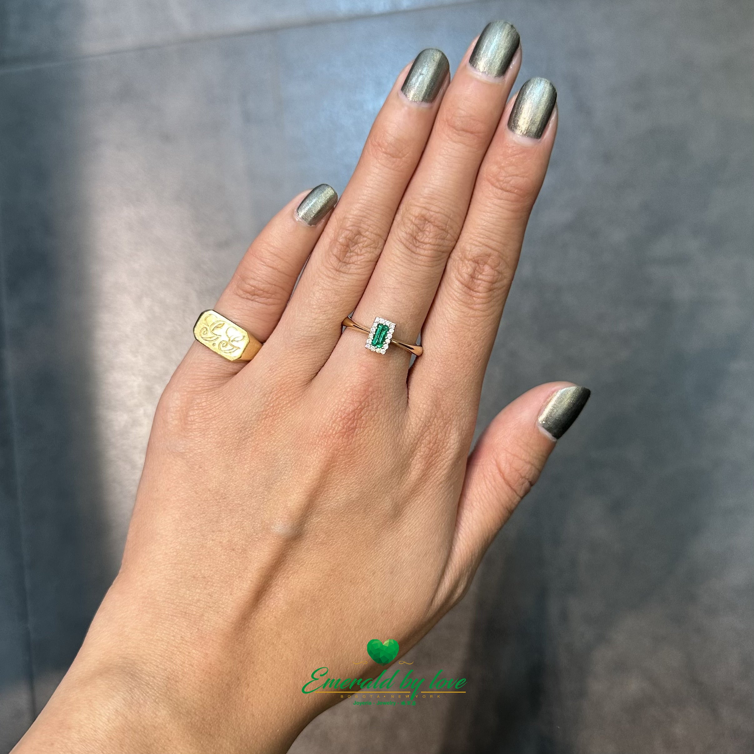 Yellow Gold Cluster Ring with Baguette Emerald Surrounded by Diamonds