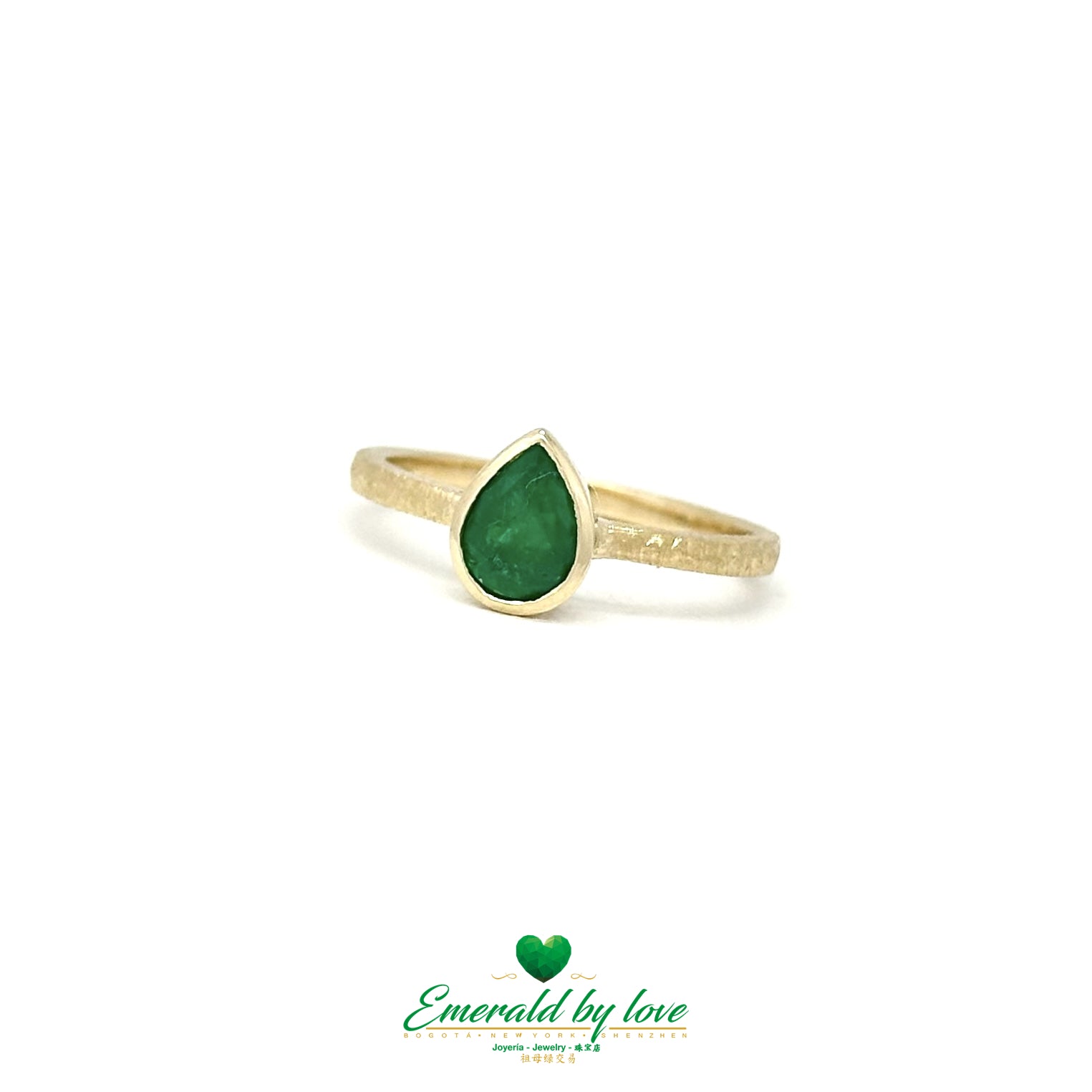 18K Yellow Gold Antique Textured Solitaire Ring with 0.61 ct Pear-Shaped Emerald Bezel-Set