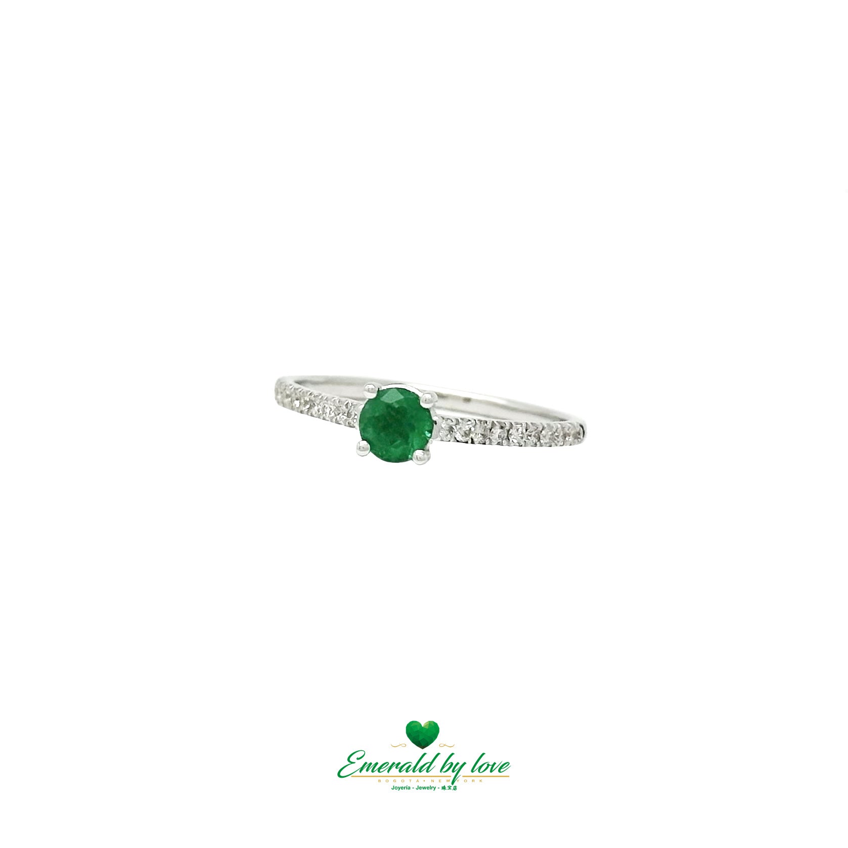 Round Colombian Emerald Solitaire Ring in 18K White Gold with Diamond-Set Band