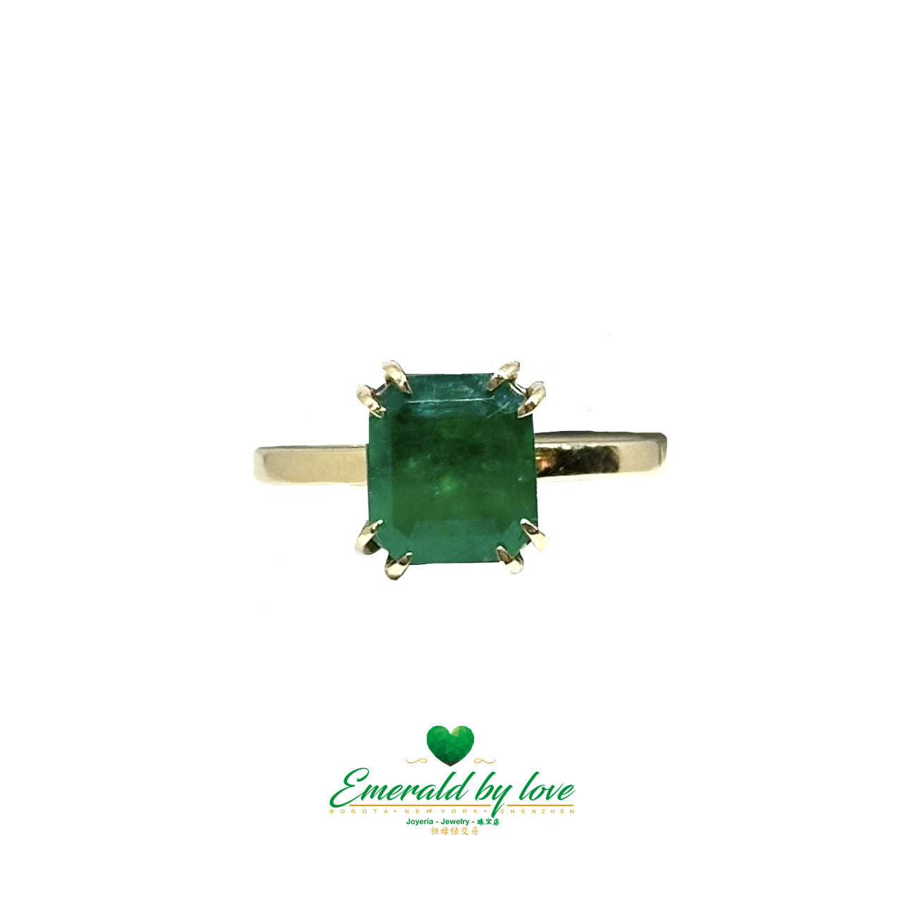 Solitaire Engagement Ring with Emerald-Cut Colombian Emerald and Double Prong Setting