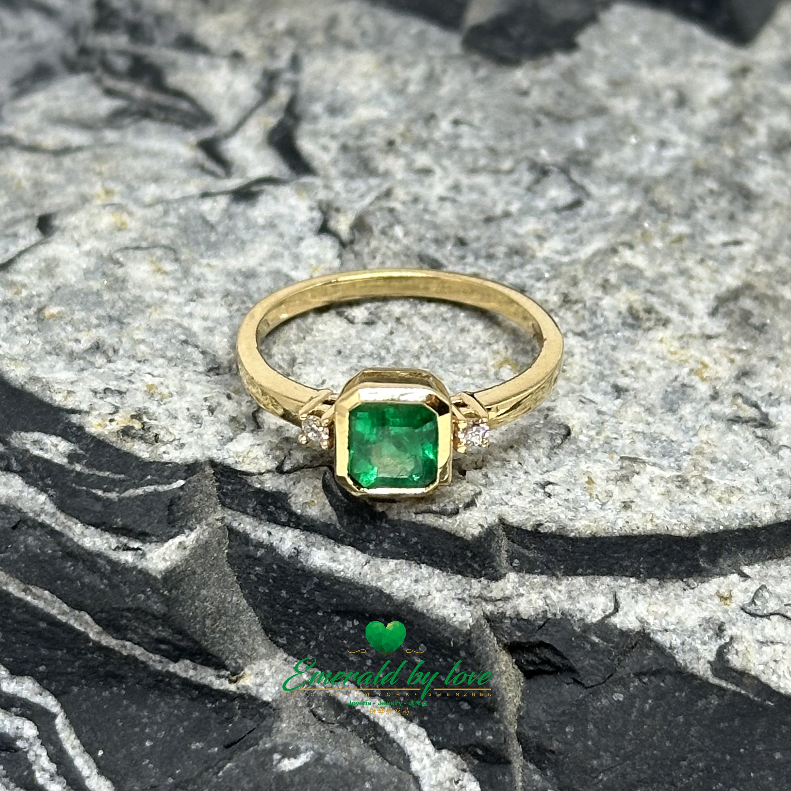 18K Yellow Gold Bezel-Set Square Emerald Ring with Side Diamonds