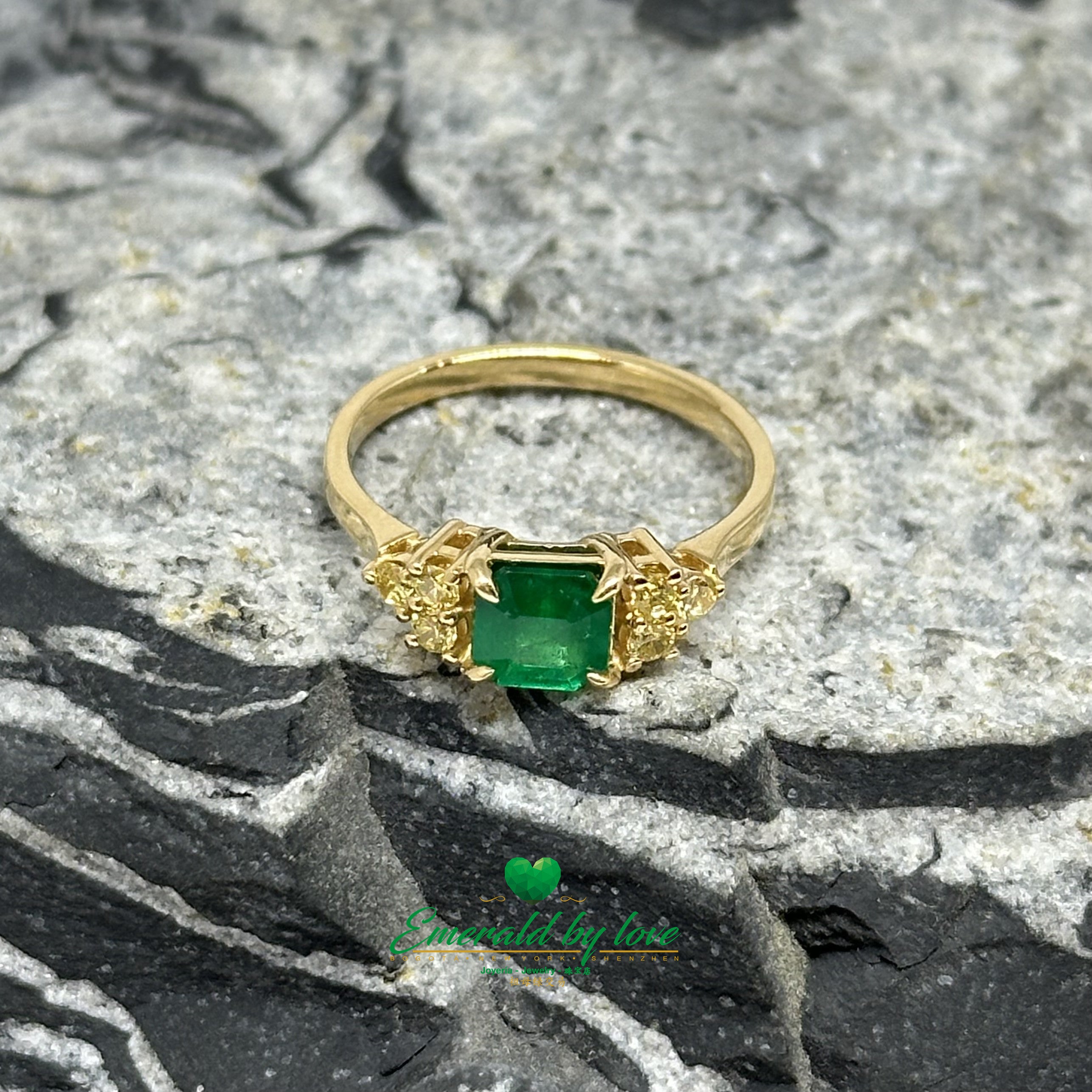 Square Emerald Engagement Ring in 18K Gold with Yellow Side Diamonds