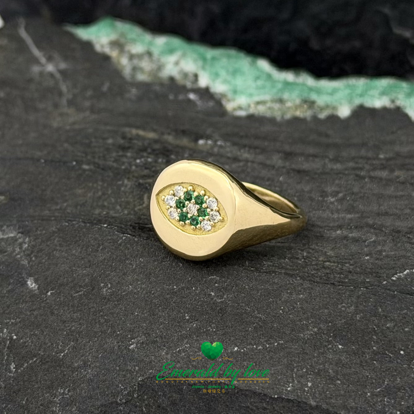 Yellow Gold Pinky Ring with Emeralds & Diamonds