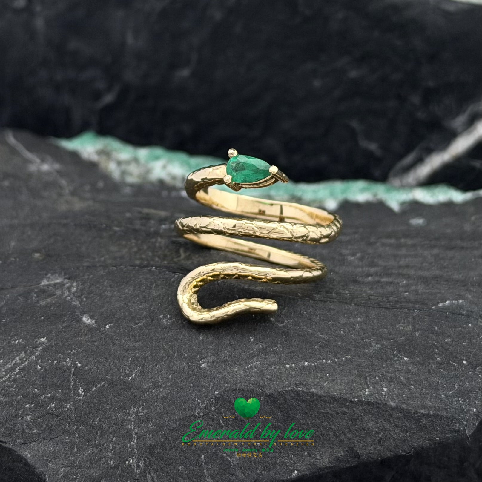 Yellow Gold Snake Wrap Ring with Pear Emerald