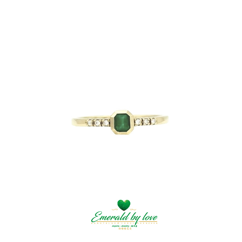 Delicate Bezel-Set Square Emerald Ring with Side Diamonds