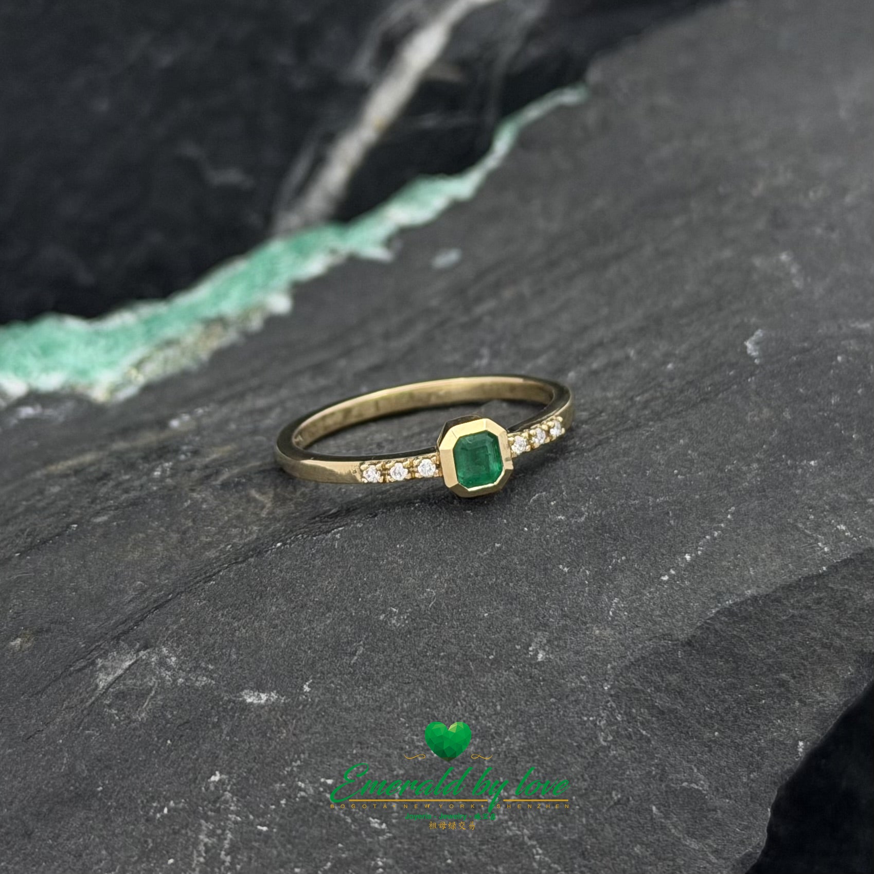 Delicate Bezel-Set Square Emerald Ring with Side Diamonds