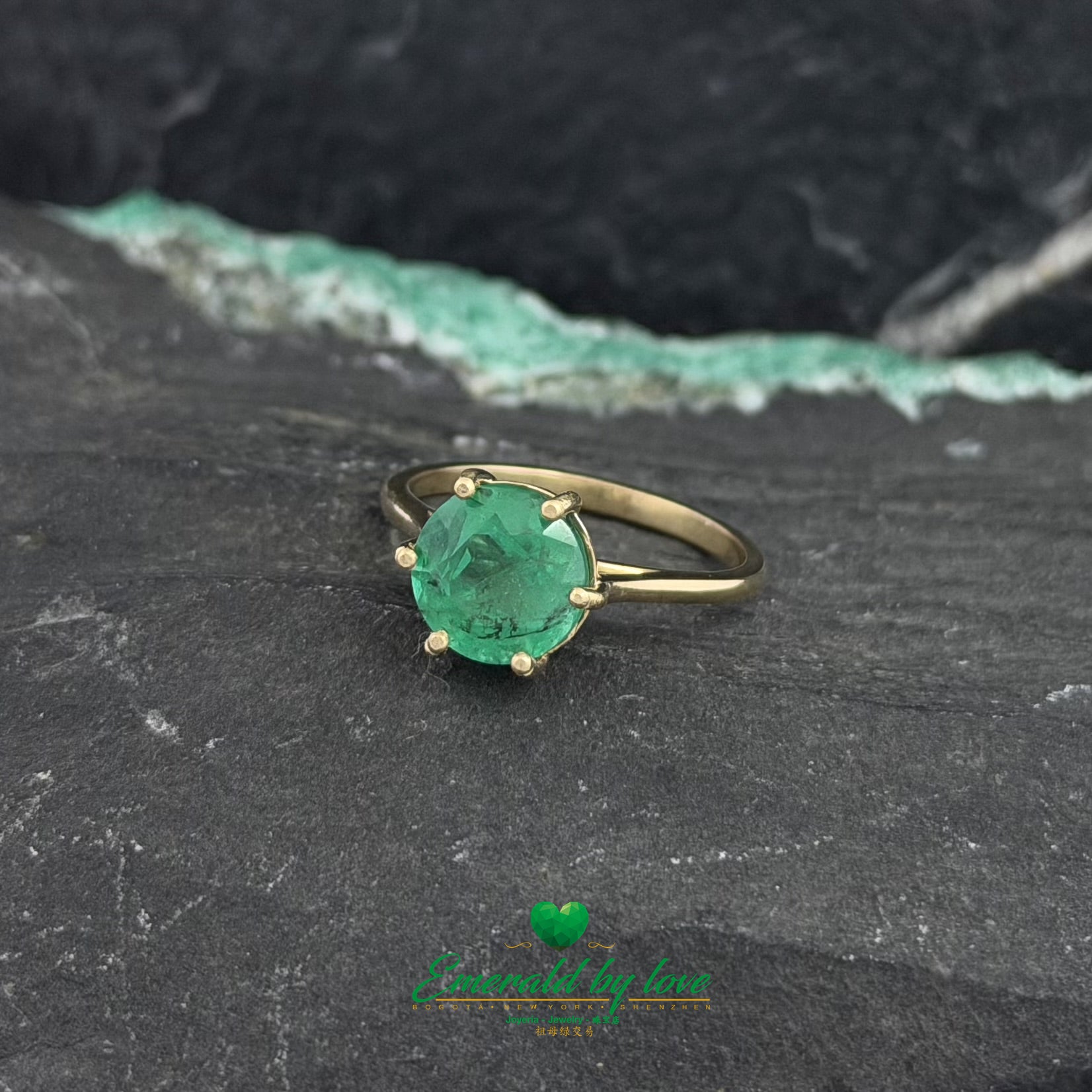 Classic Solitaire Ring with Round Emerald in Six-Prong Setting