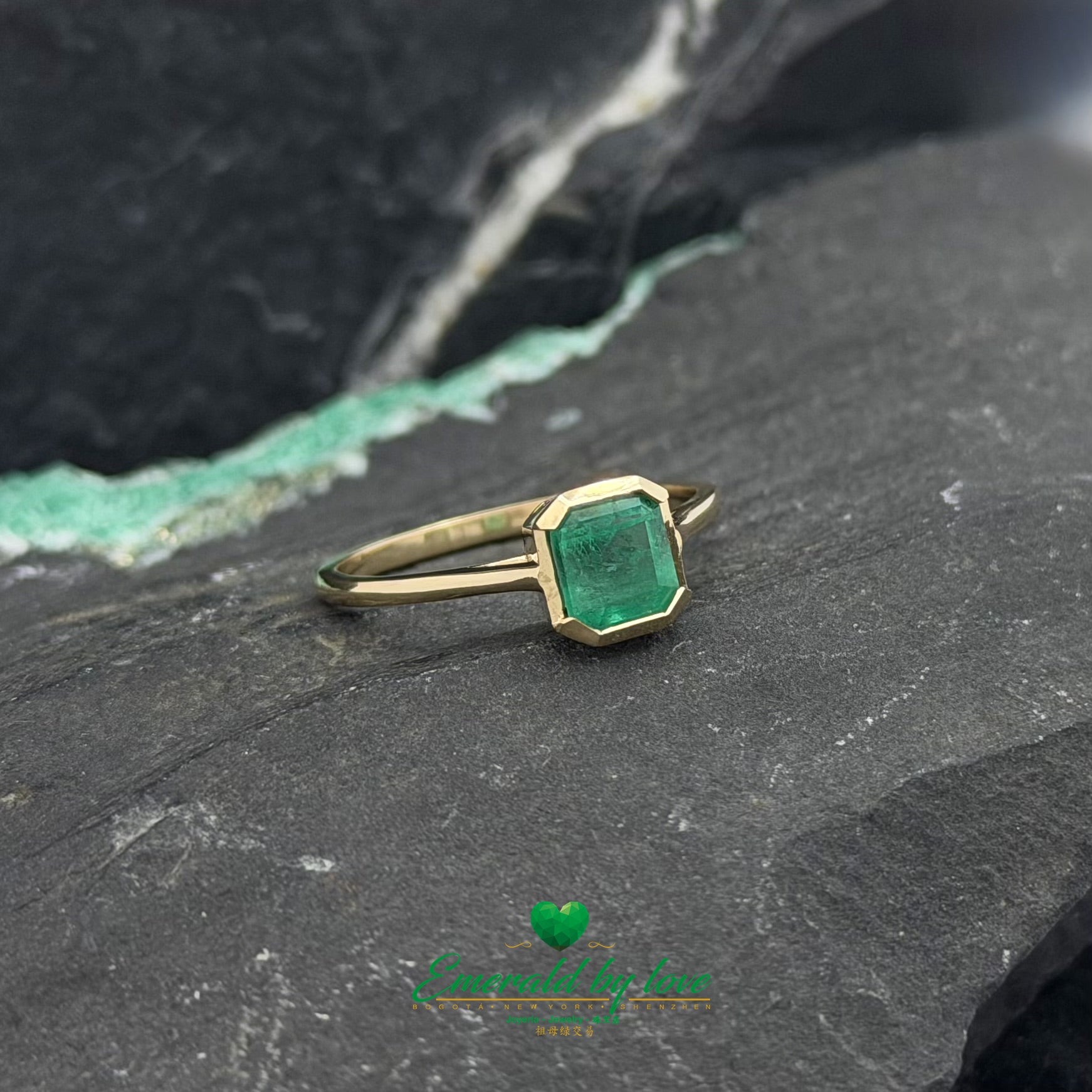 Emerald Engagement Ring with Half Bezel Setting and Diamond Band