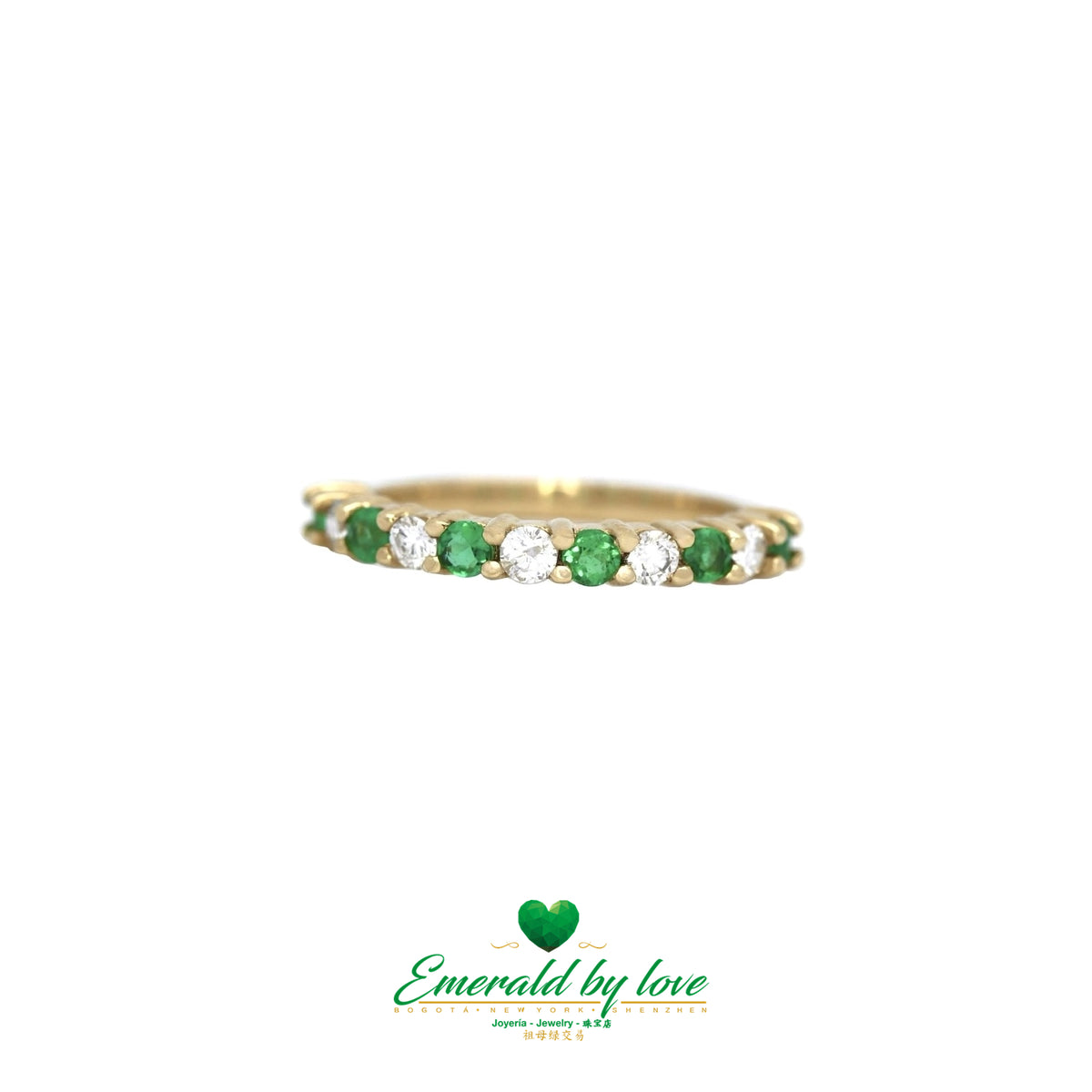 Yellow Gold Band with Round Colombian Emeralds and Diamonds