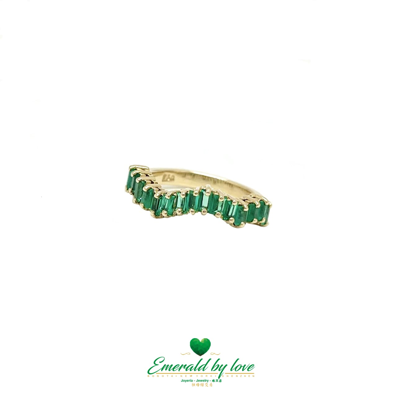 Yellow, Rose and White Gold Ring with Baguette Emeralds Encircling the Band