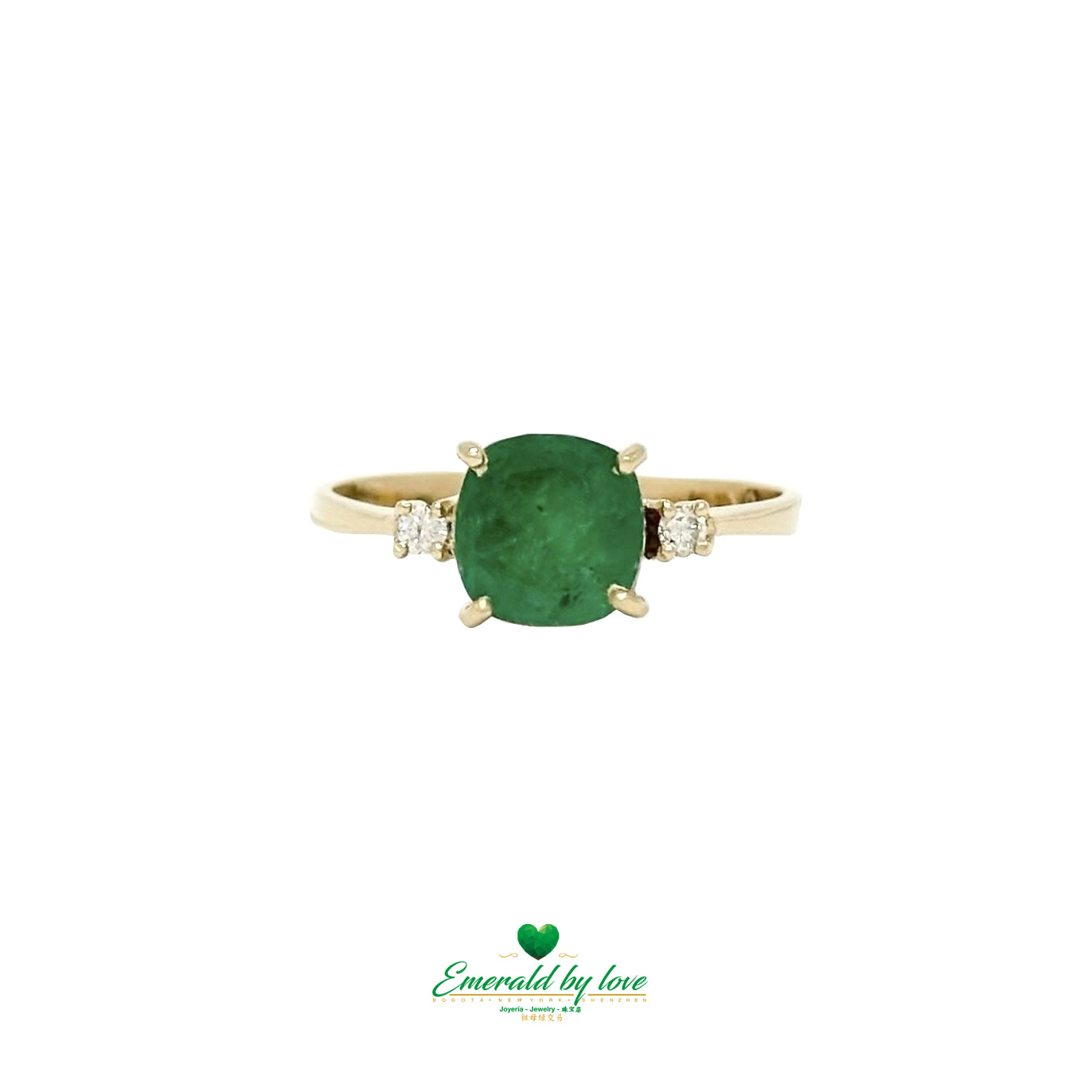 Masterpiece Yellow Gold Ring with Central Colombian Cushion-Cut Emerald and Side Diamonds