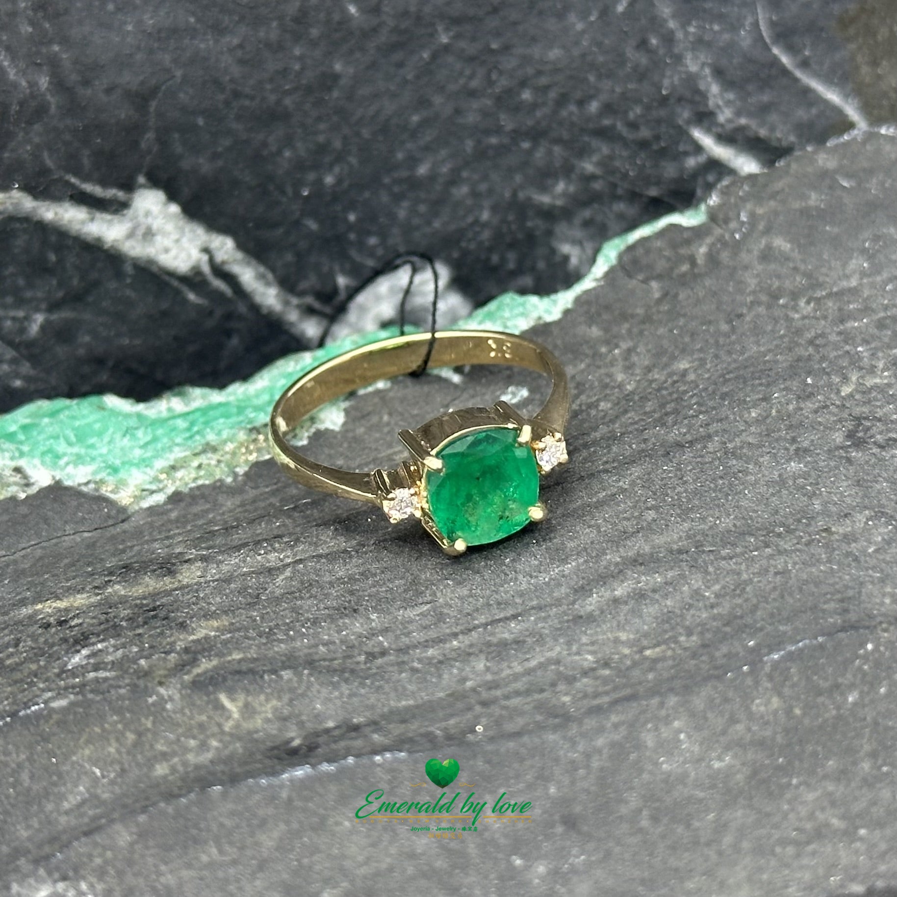 Masterpiece Yellow Gold Ring with Central Colombian Cushion-Cut Emerald and Side Diamonds