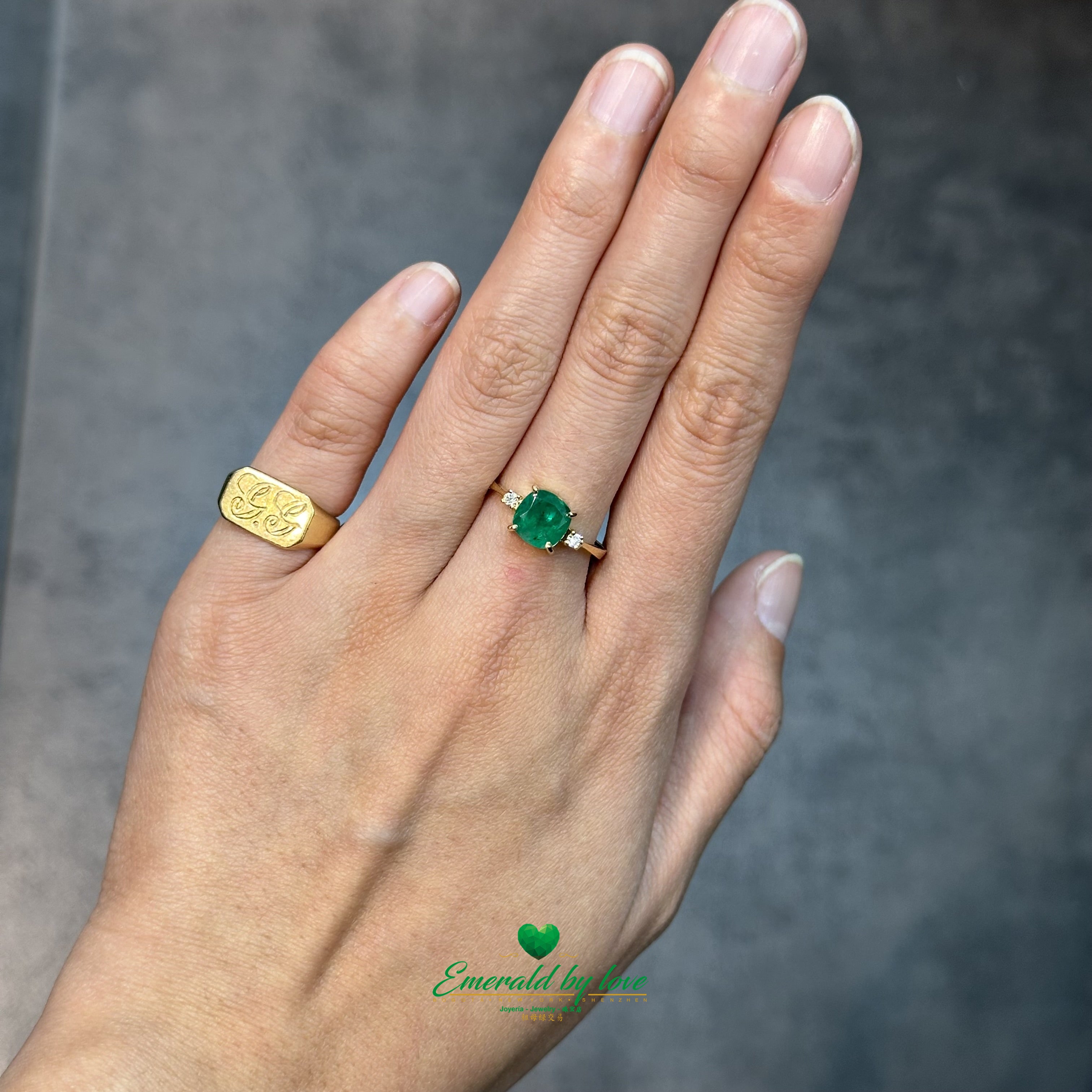 Masterpiece Yellow Gold Ring with Central Colombian Cushion-Cut Emerald and Side Diamonds