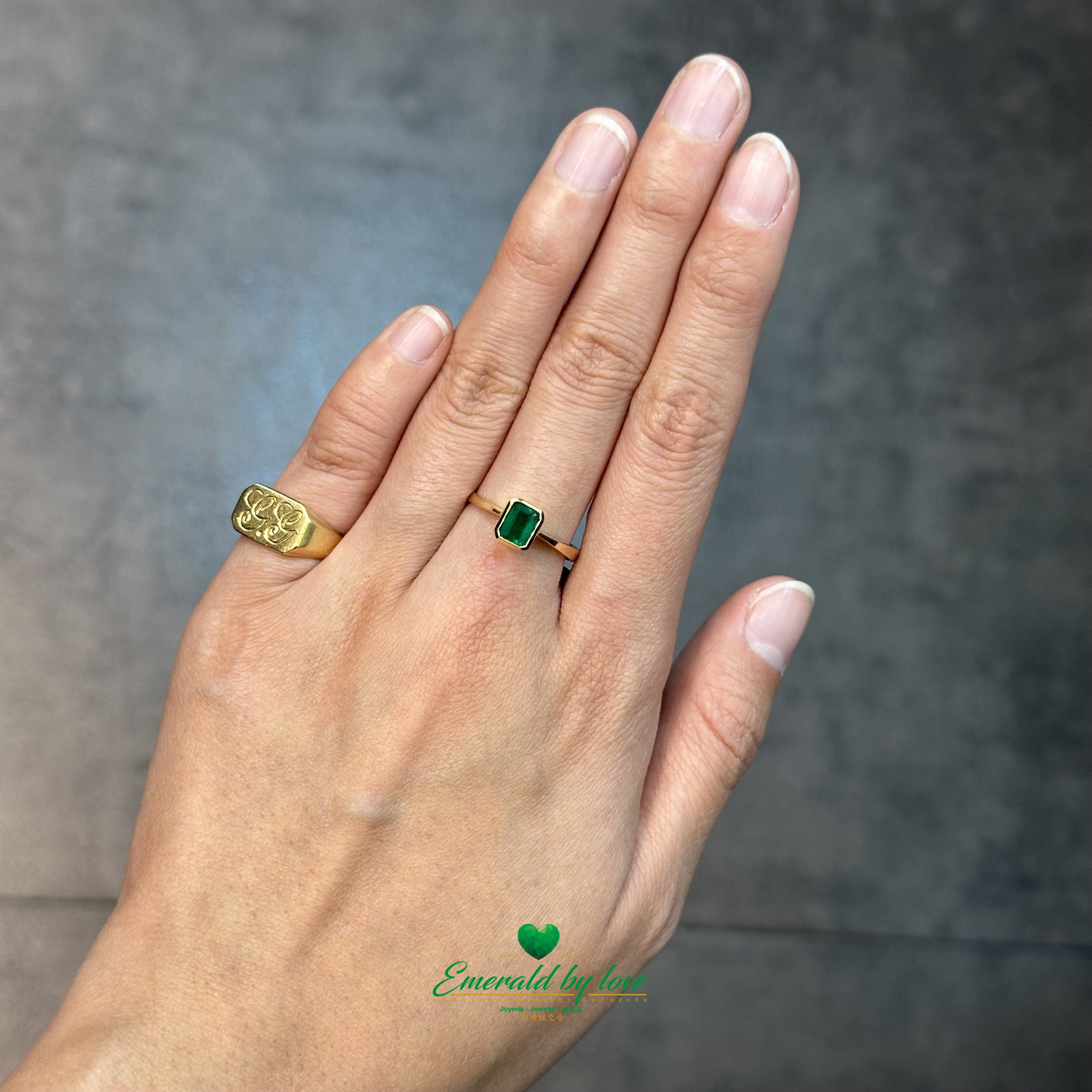 Delicate Yellow Gold Ring with Rectangular Colombian Emerald in Bezel Setting