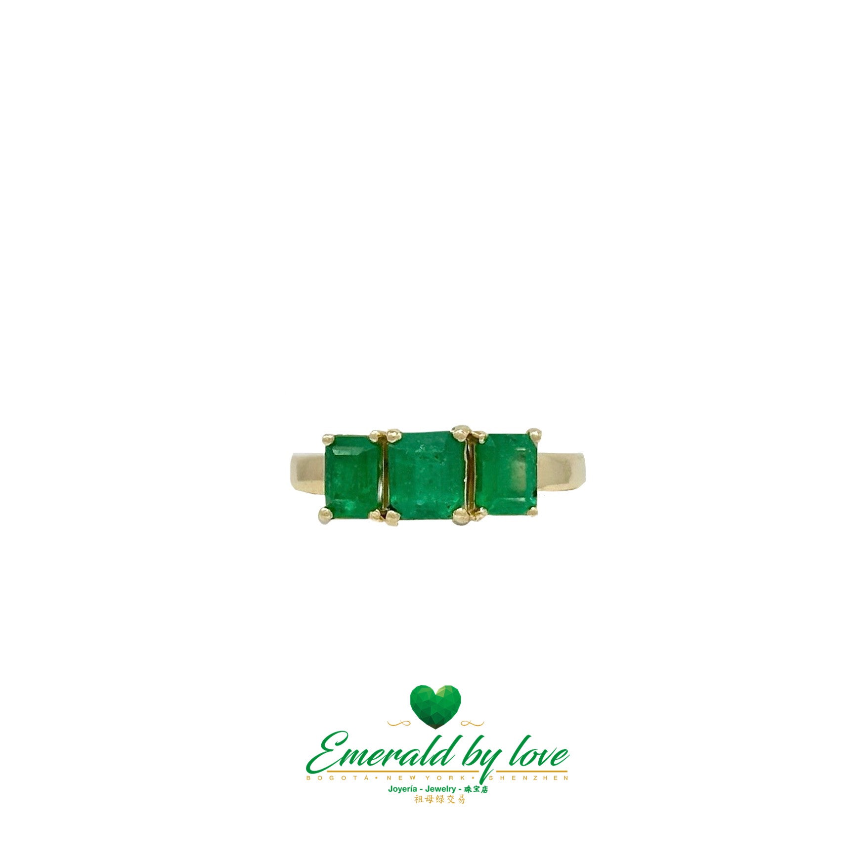 Trio Emerald Ring in 18K Yellow Gold with Rectangular Colombian Emeralds