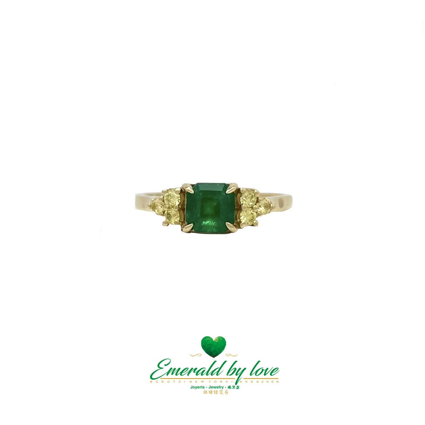 Square Emerald Engagement Ring in 18K Gold with Yellow Side Diamonds