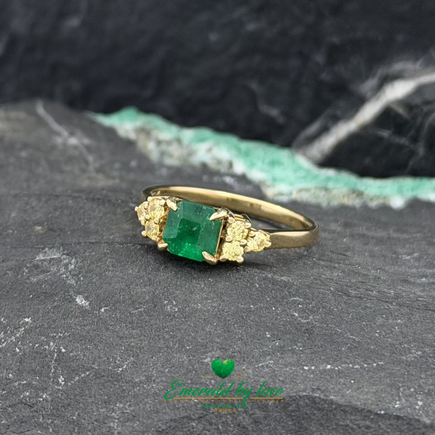 Square Emerald Engagement Ring in 18K Gold with Yellow Side Diamonds