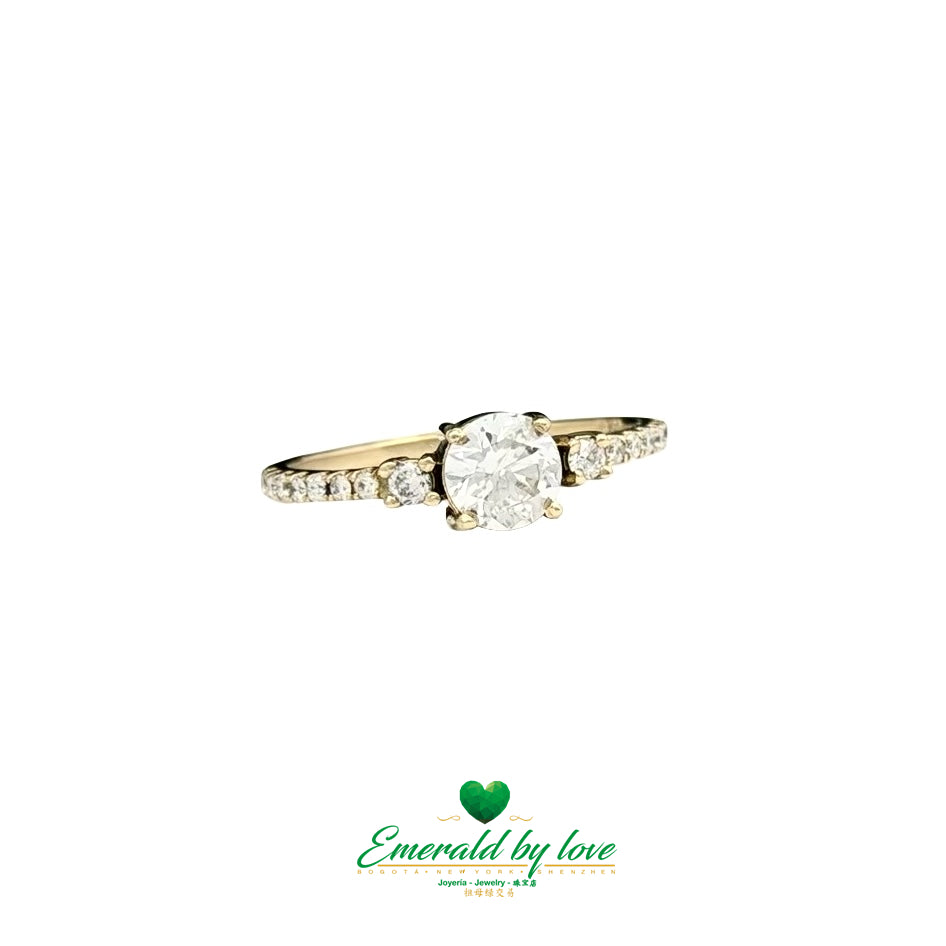 Brilliant Diamond Ring in 18K Yellow Gold | Central Stone with Side & Pavé Diamonds