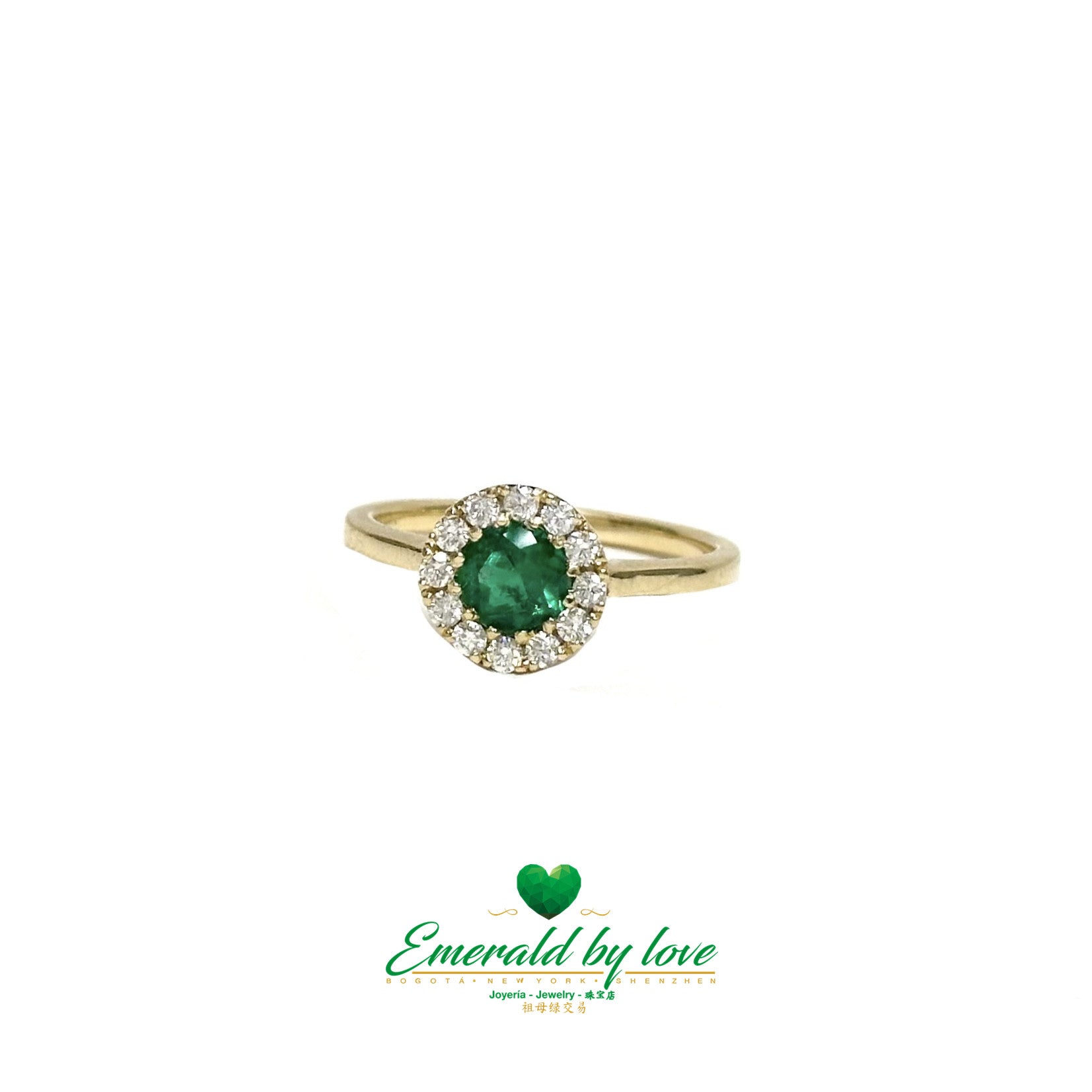 Round Colombian Emerald Cluster Ring in 18K Yellow Gold