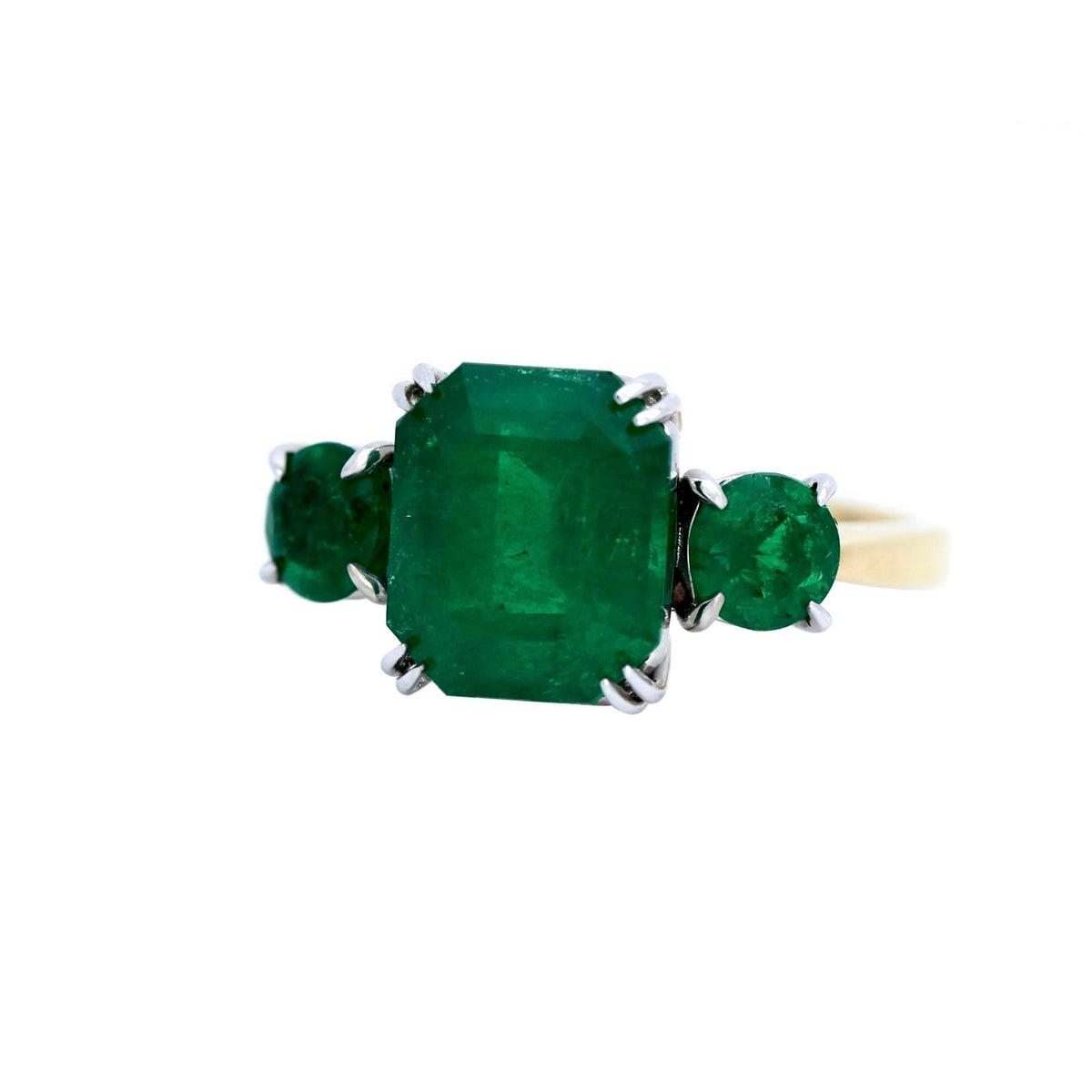 Yellow Gold Ring with Emerald Cut Colombian Emerald and Round Emerald Accents