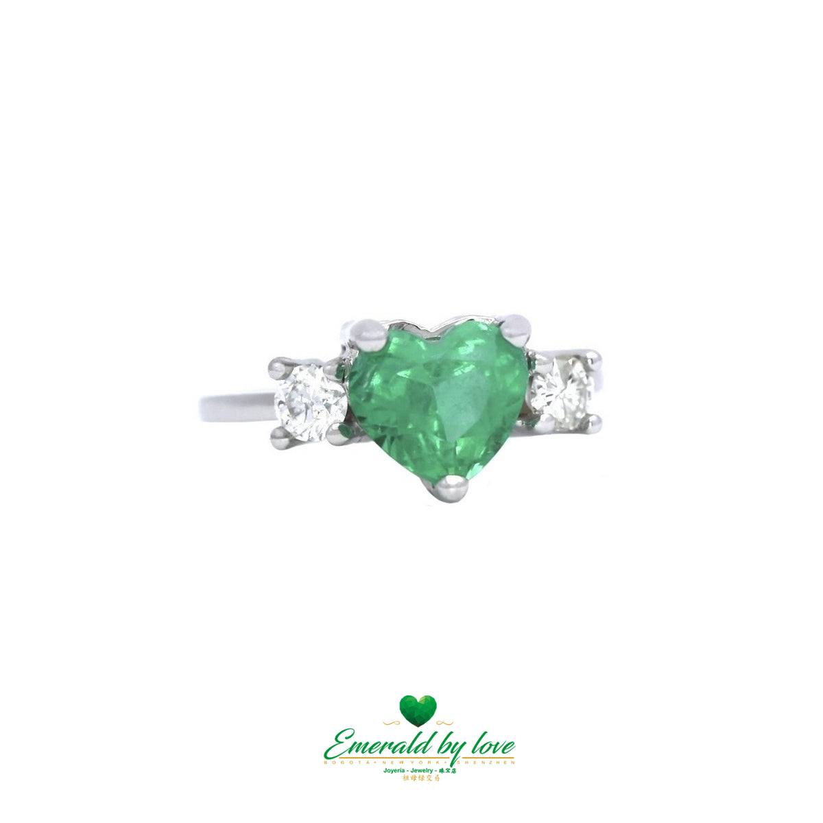 Heart-Shaped Colombian Emerald Engagement Ring with Side Diamonds