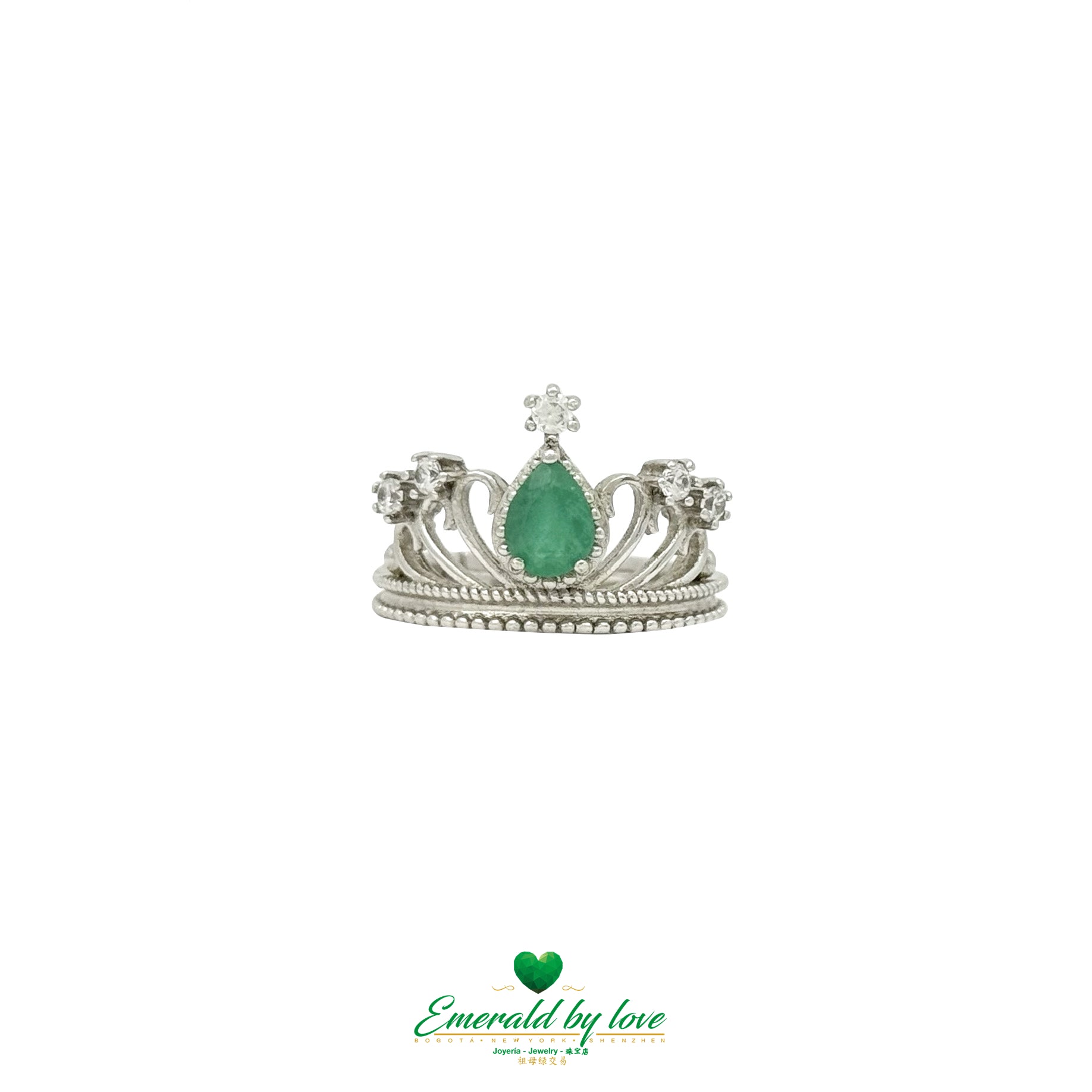 Crown-Inspired Ring with Pear-Shaped Emerald Center and Decorative Zircons