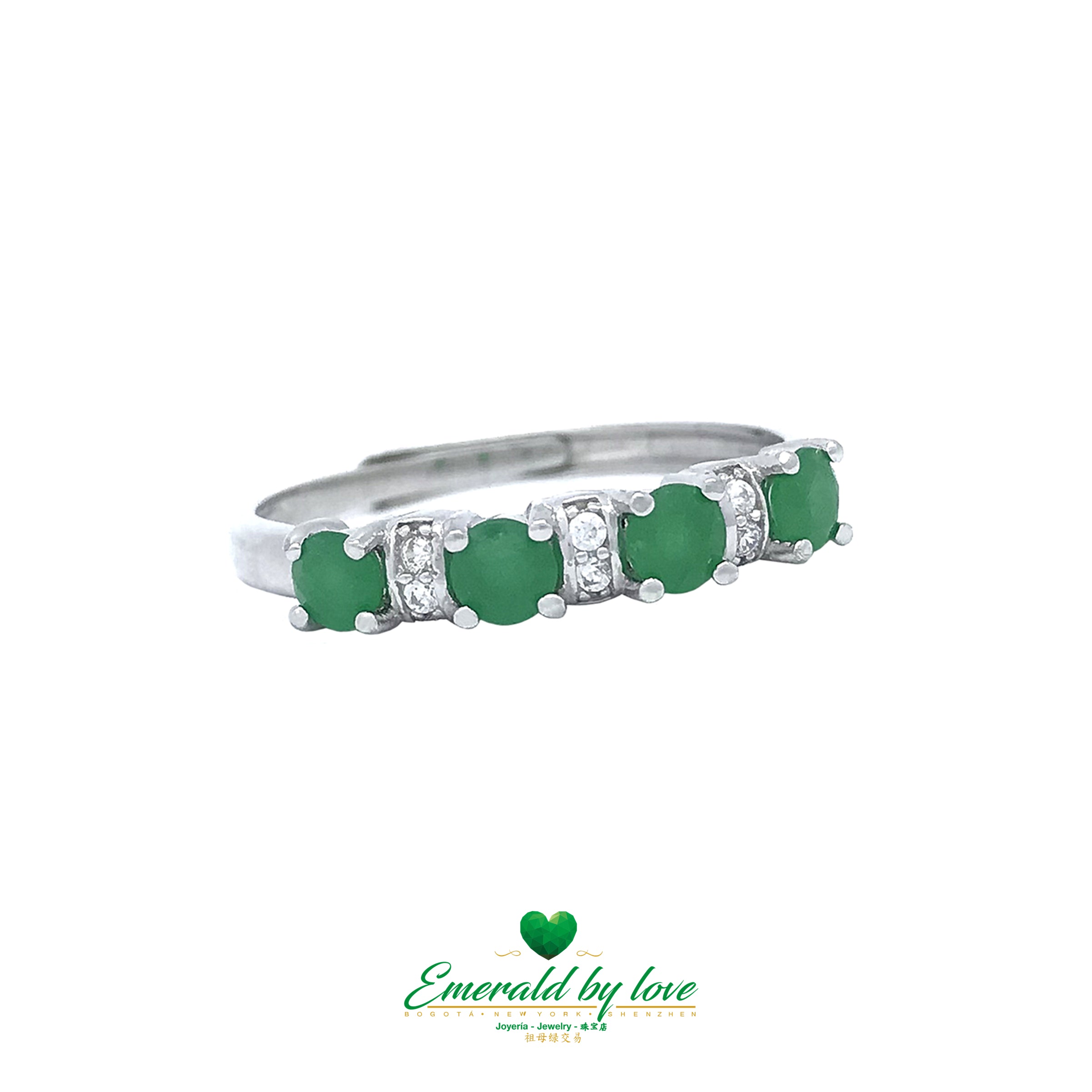 Timeless Glamour: Sterling Silver Half-Band Ring with Round Colombian Emeralds and Zirconias