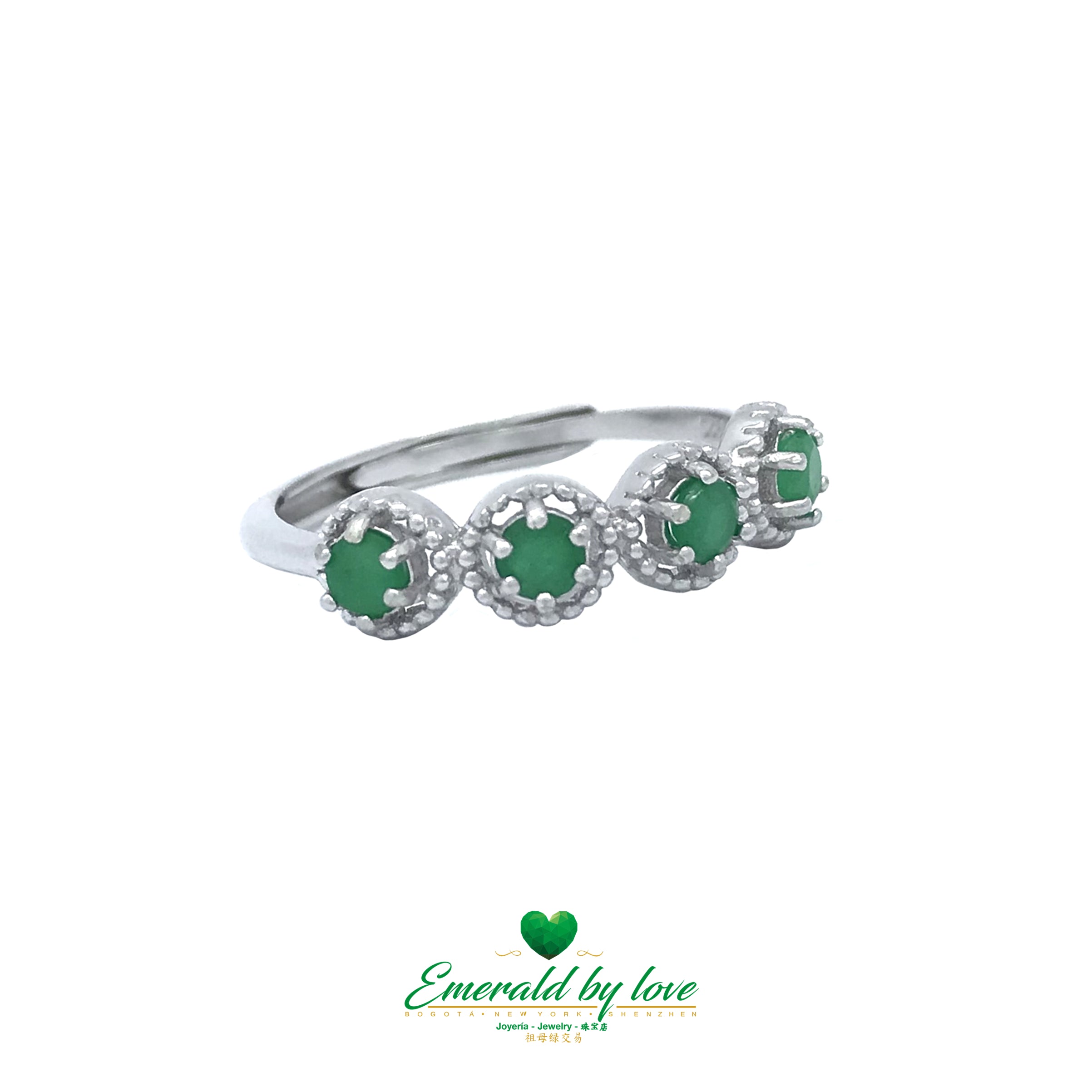 Sterling Silver Band Ring with Medium Round Colombian Emeralds in Six-Prong Setting