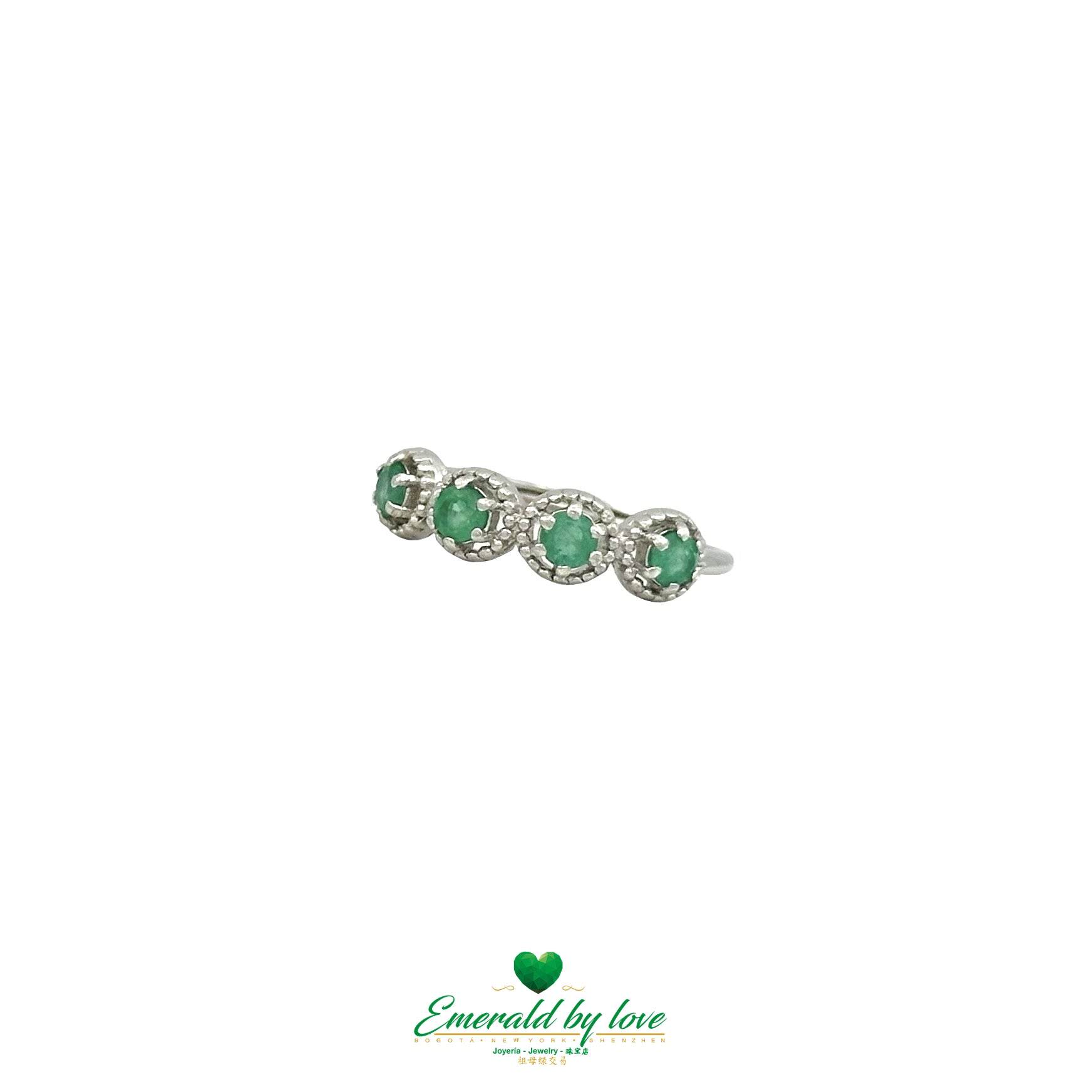 Band-Style Ring with Round Emeralds Framed in Silver