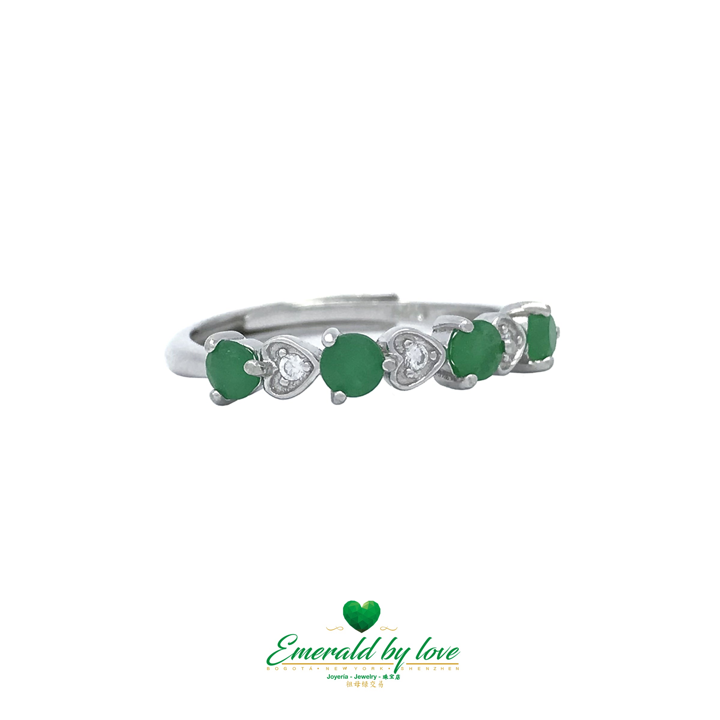 Interlocked Band Ring with Round Emeralds and Zirconia Hearts