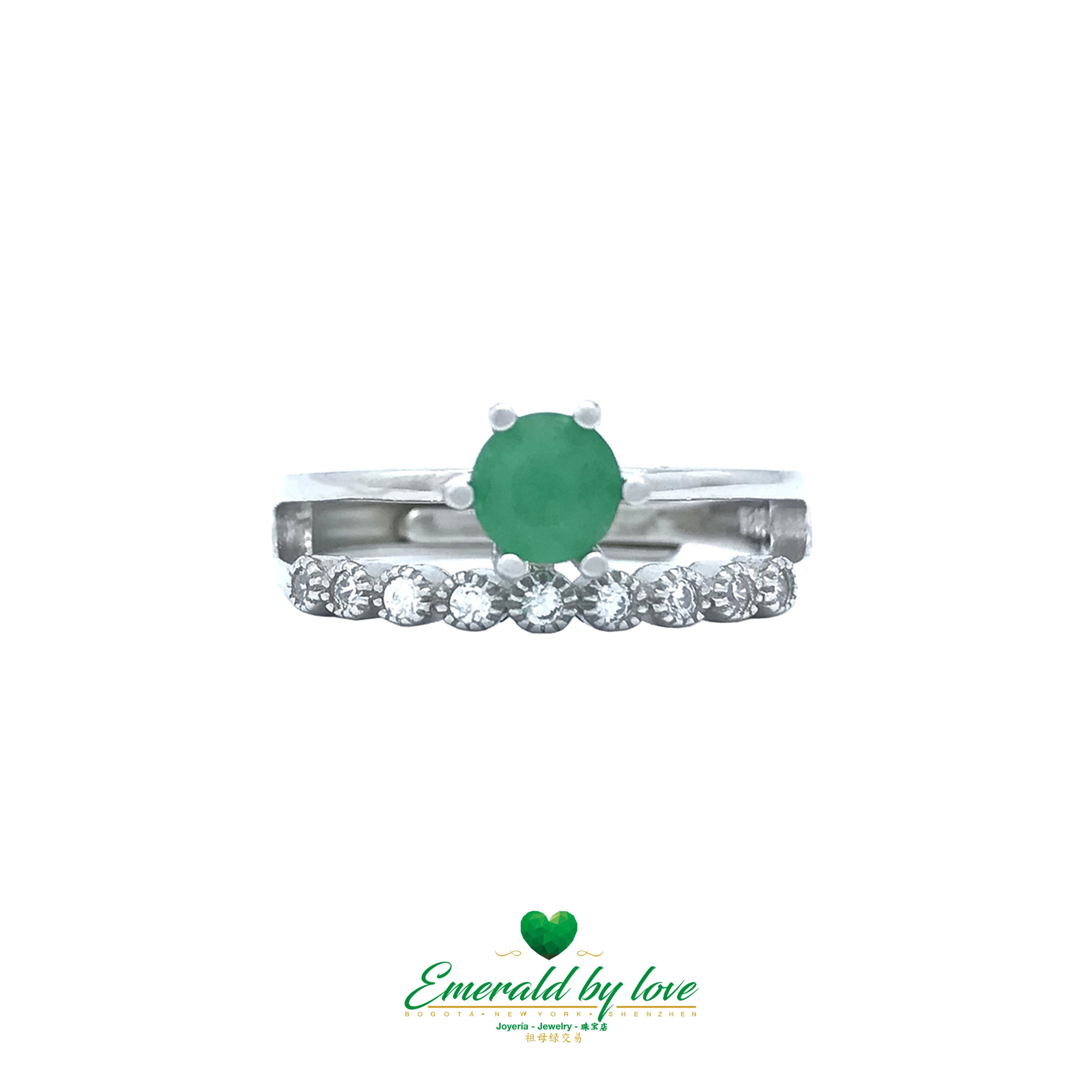 Sterling Silver Ring with Double Band: Brilliant Zircons and Central Round Emerald