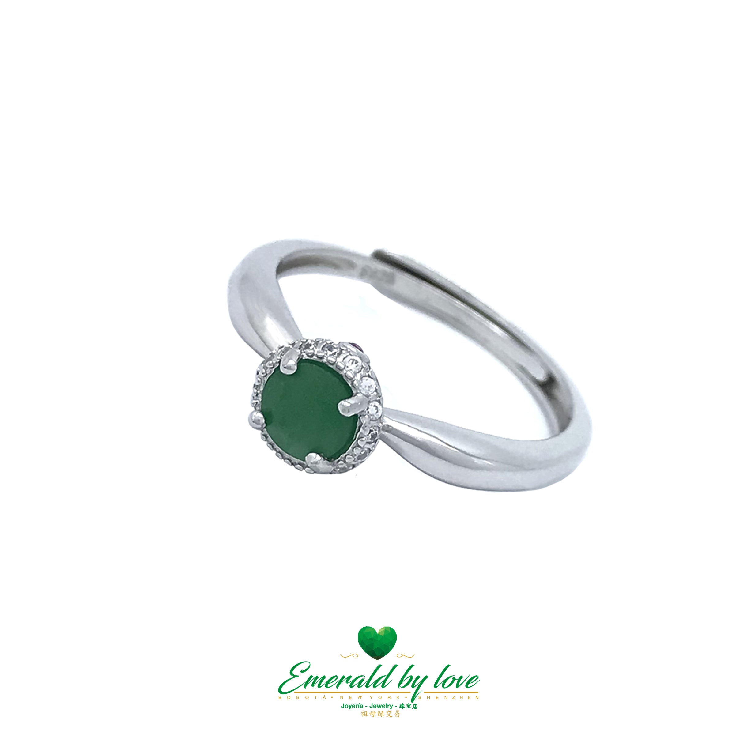 Round Emerald Engagement Ring with Tiny Surrounding Cubic Zirconia