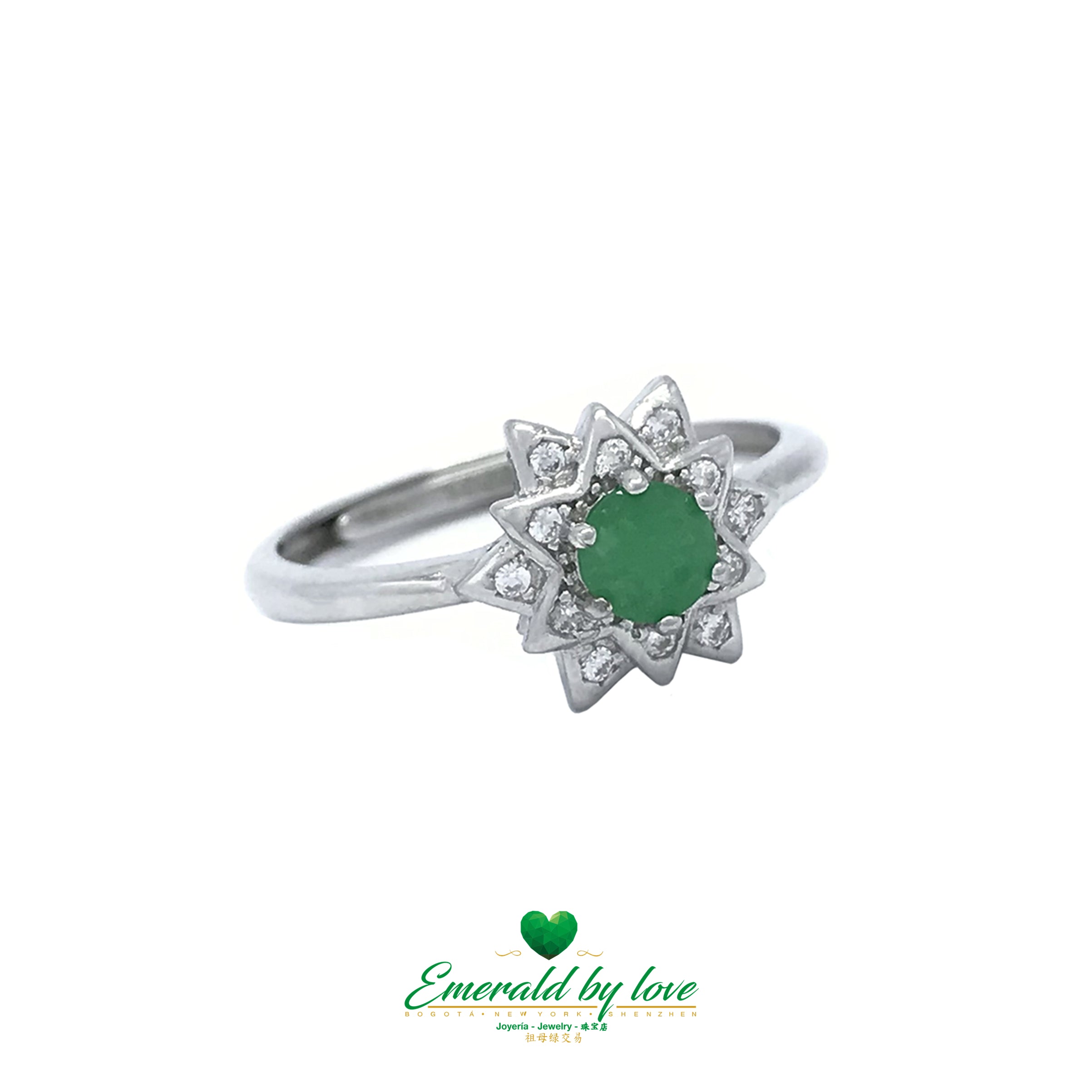 Silver Floral Cascade Ring with Round Central Emerald: Nature's Elegance