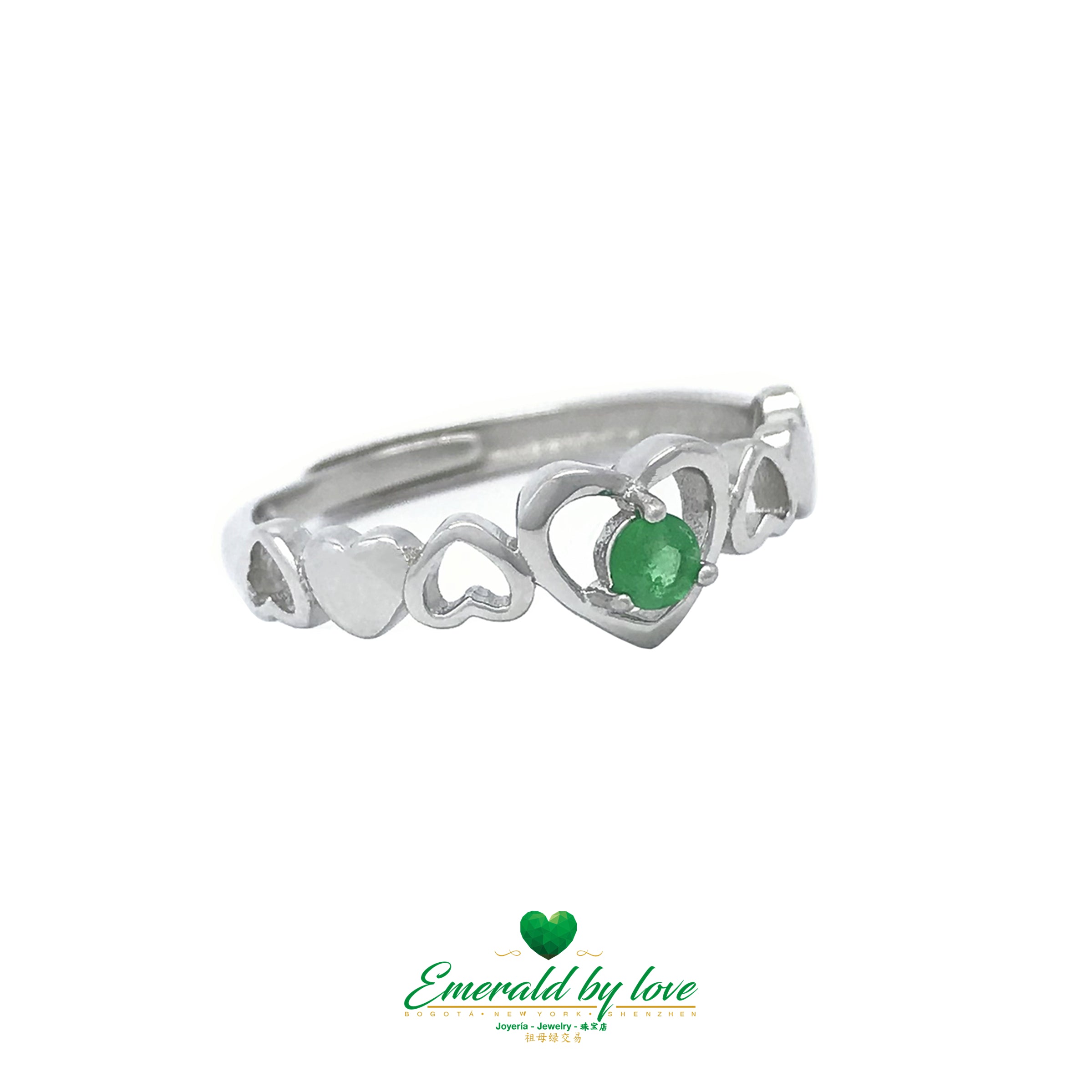 Silver Heart Motif Ring with Round Central Emerald: Symbol of Endless Love