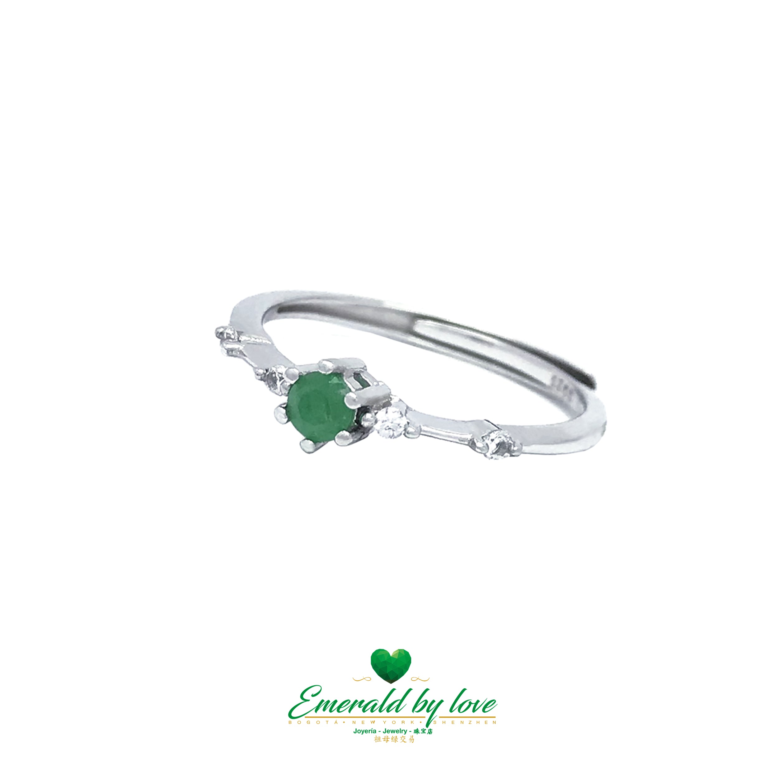 Delicate Solitaire Silver Ring with Round Emerald and Sparkling Zirconia Band