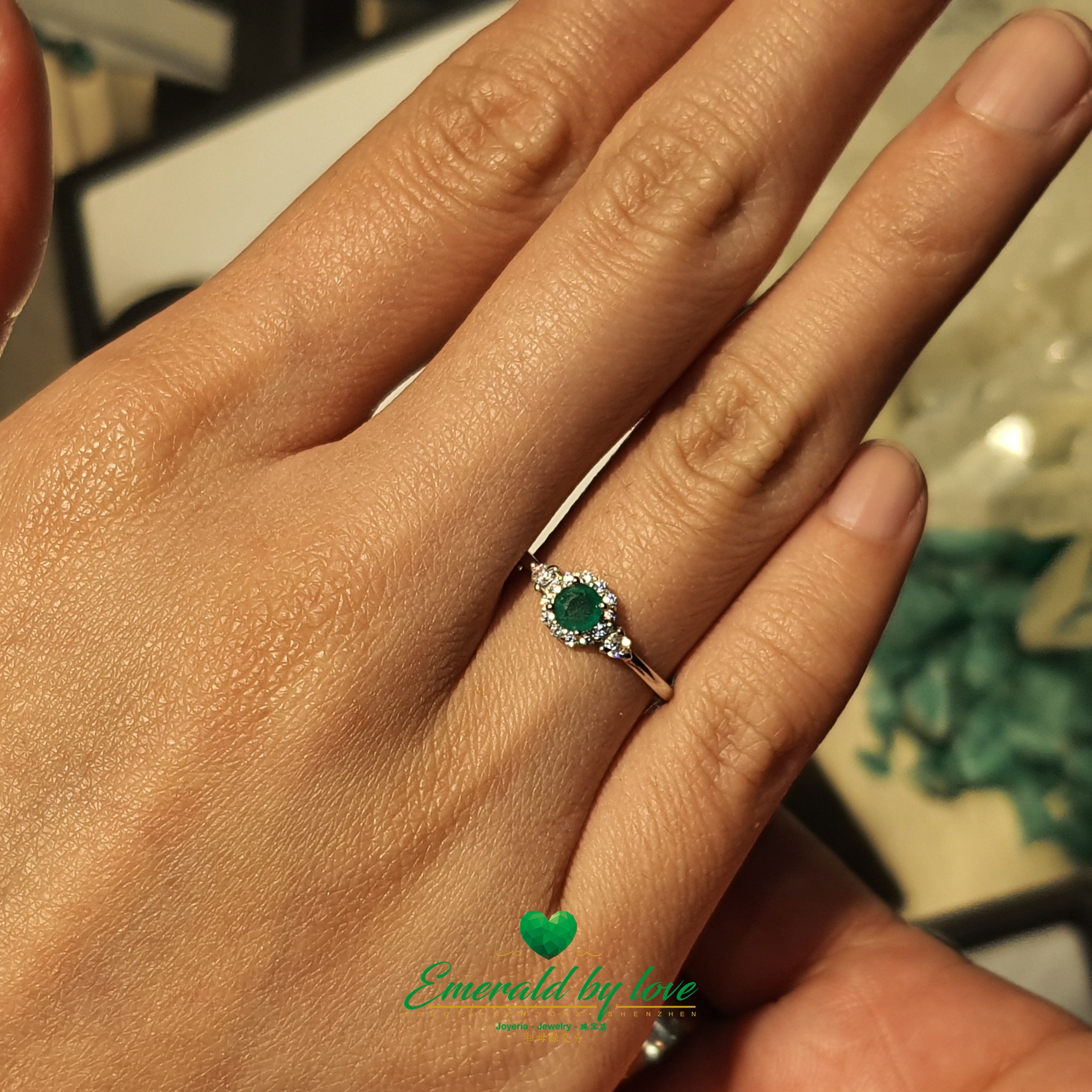 Round Marquise Silver Ring with Central Emerald and Side Zirconias