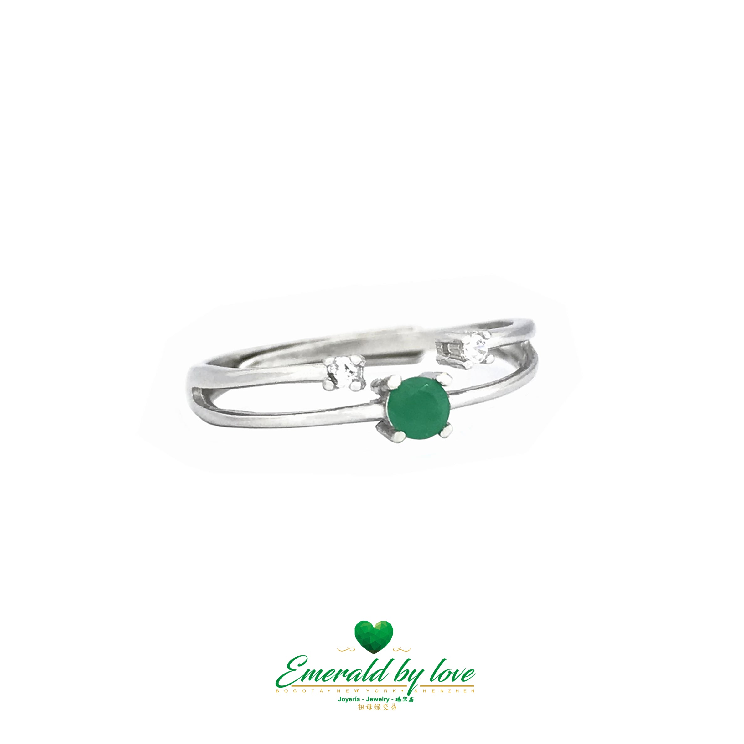 Double-Band Silver Ring with Semi-Closed Zirconia-Adorned Loop and Round Central Emerald