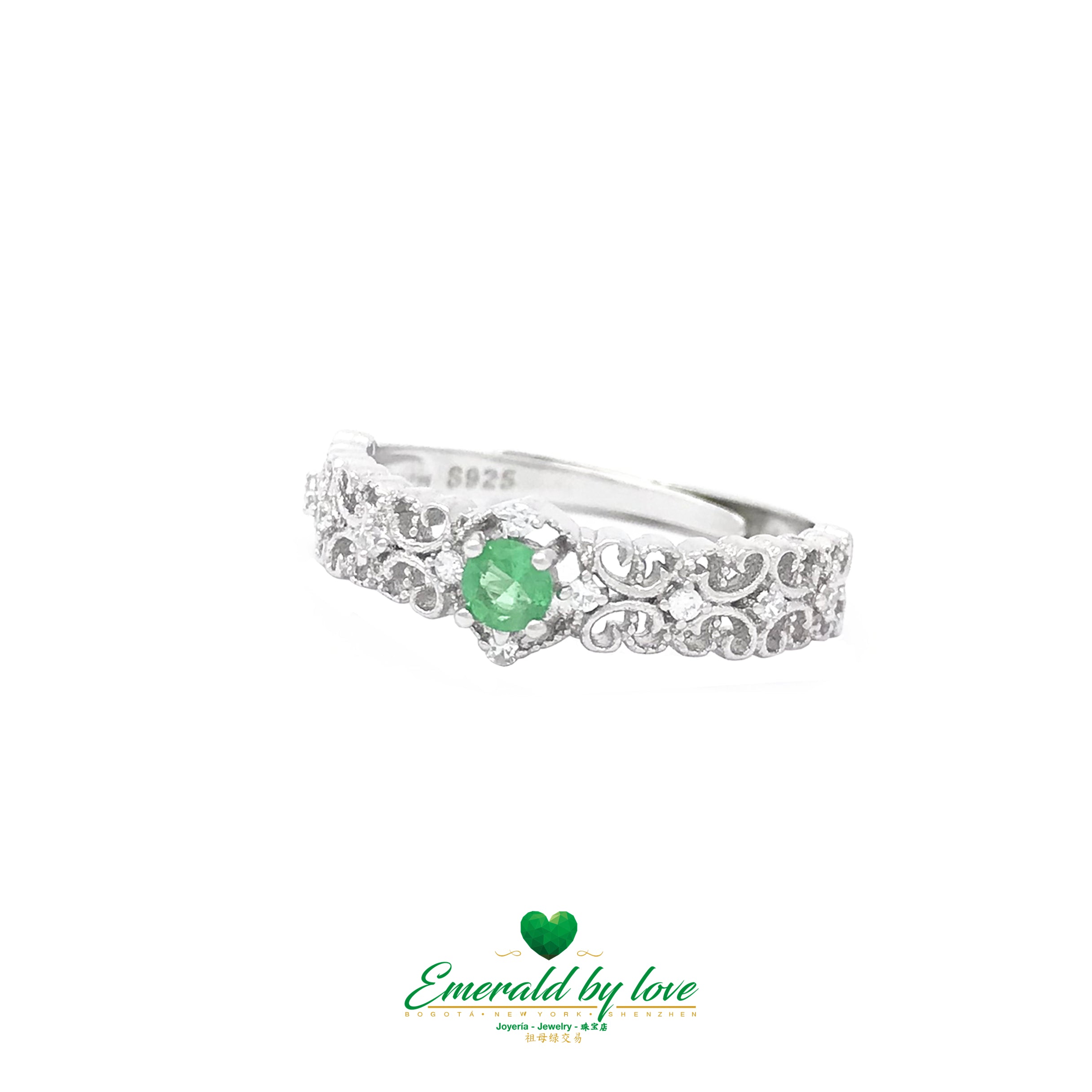 Silver Ring with Intricate Arabesque Band and Petite Round Crystal Emerald